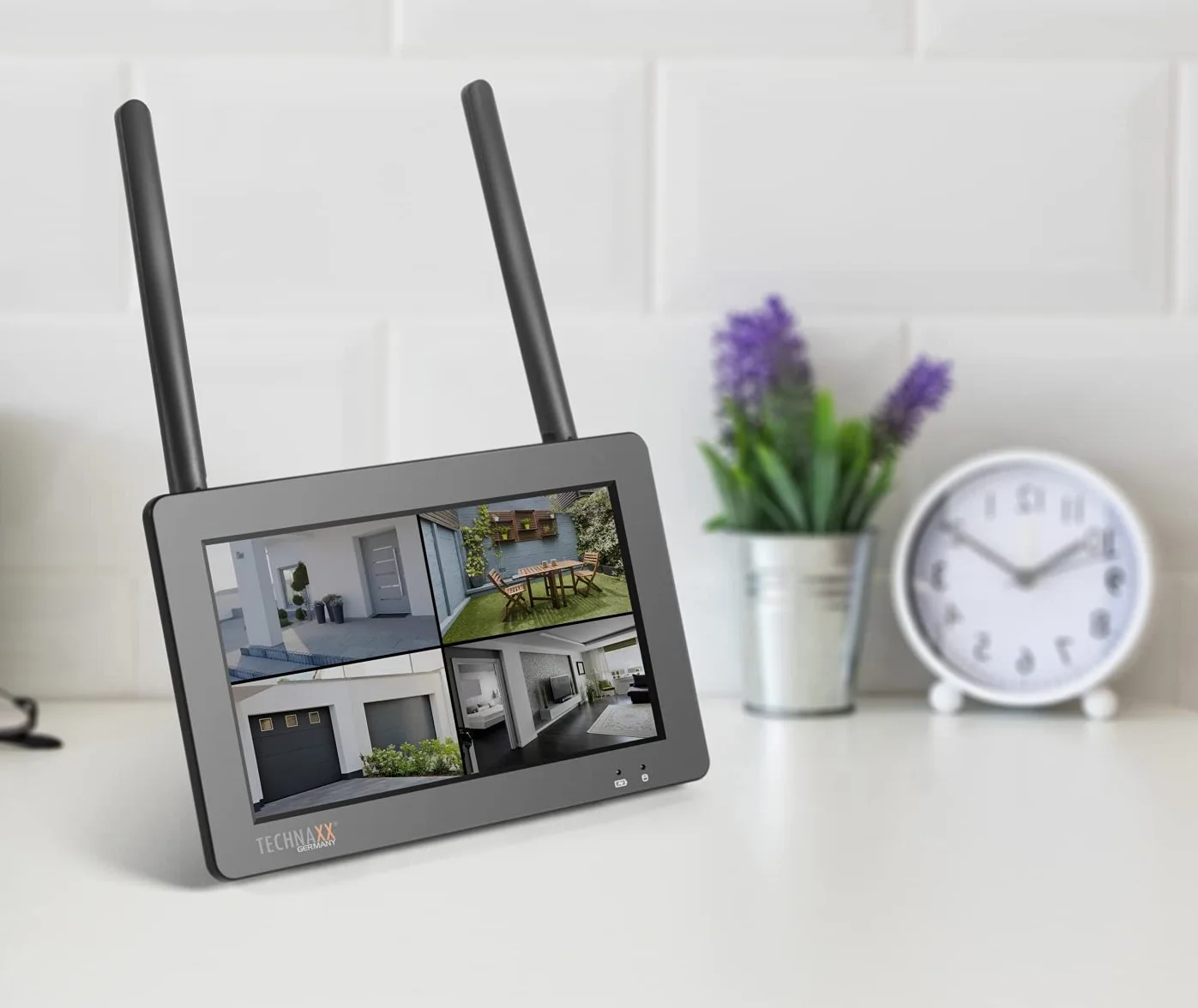 Technaxx Niemiecki zestaw kamer do monitoringu bezpieczeństwa, bezprzewodowy, ekran dotykowy FullHD, 7-calowy monitor PIR dzień i noc, funkcja alarmu, powiadomienia push, obsługa wbudowany mikrofon TX-128
