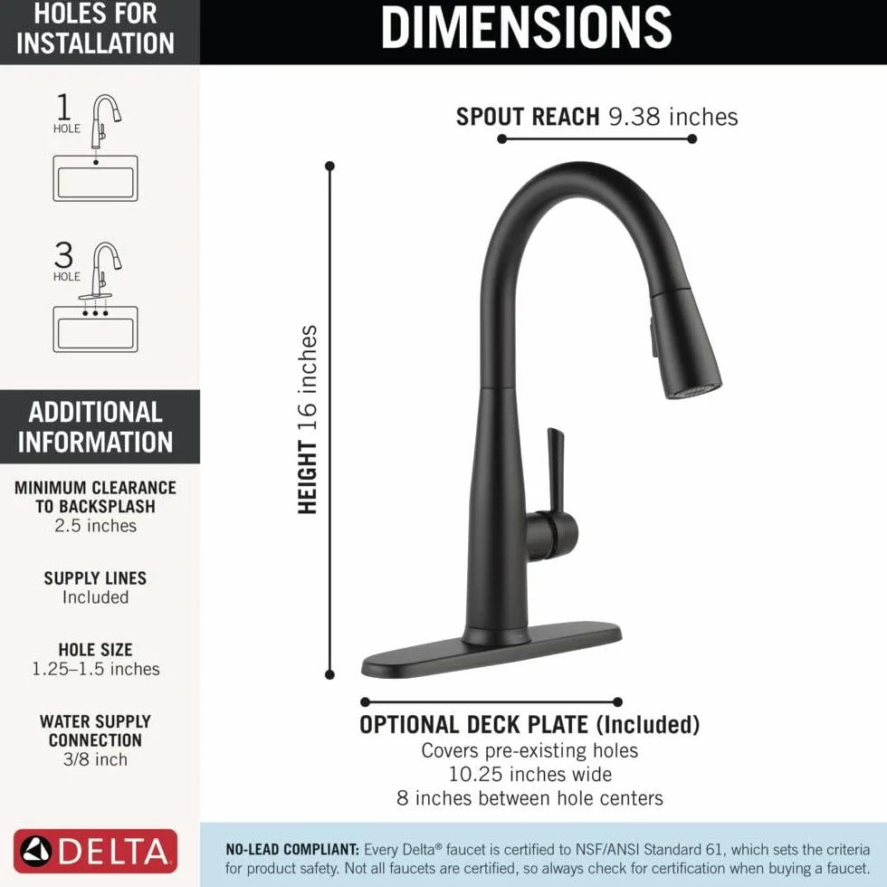 Delta Faucet Essa Matowa czarna bateria kuchenna dotykowa, dotykowe baterie kuchenne z wyciąganym opryskiwaczem, bateria zlewozmywakowa, bateria kuchenna czarna, technologia Touch2O, matowa czerń