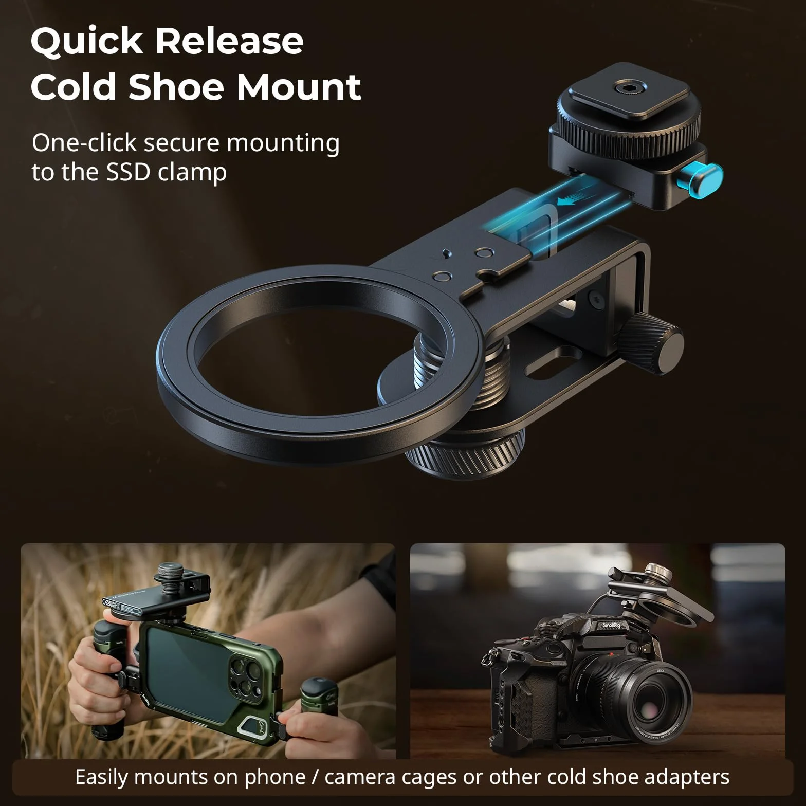 SMALLRIG SSD Holder 2-in-1 SSD Mount Bracket for MagSafe with Cold Shoe Cable Clamp, Kompatybilny z Dyskami SSD o Grubości 0,3–0,6 cala do Dysków SSD Samsung T5 T7, do Dysków SSD SanDisk - 4779