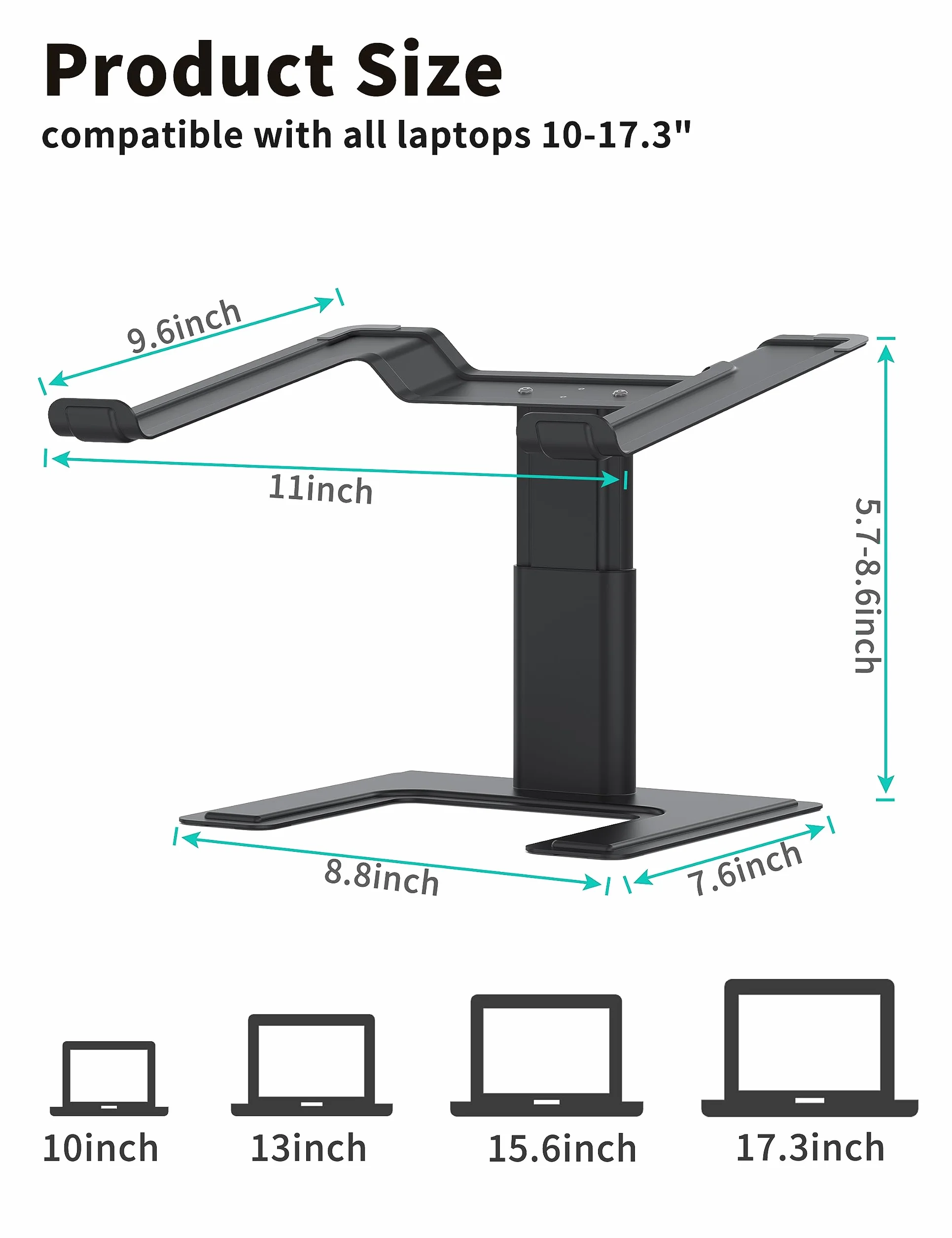 ALASHI Stojak na laptopa na biurko, stojak komputerowy z regulowaną wysokością, ergonomiczny stojak na laptopa, aluminiowy metalowy uchwyt kompatybilny z notebookiem 10 do 17,3 cala, czarny
