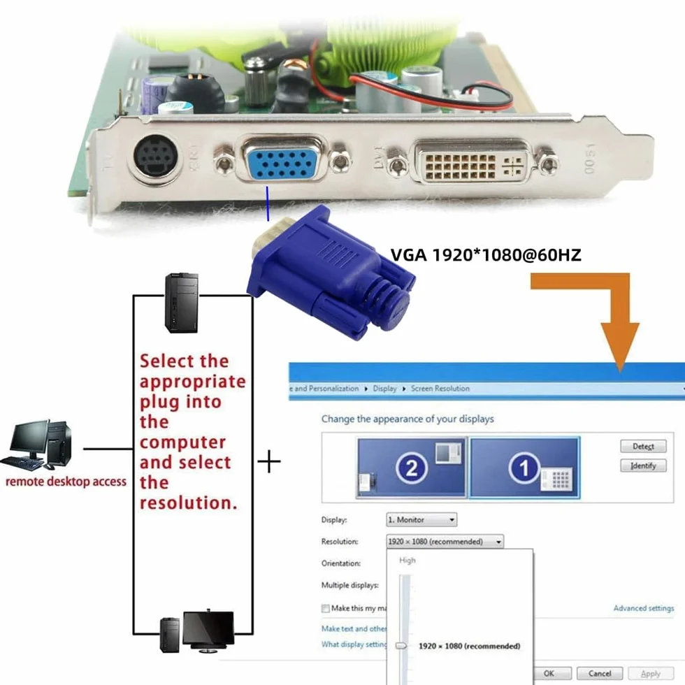 Wirtualny adapter wyświetlacza VGA RGB monitor atrapa wtyczka bez głowy emulator wyświetlacza ducha 1920 x 1080p przy 60 Hz