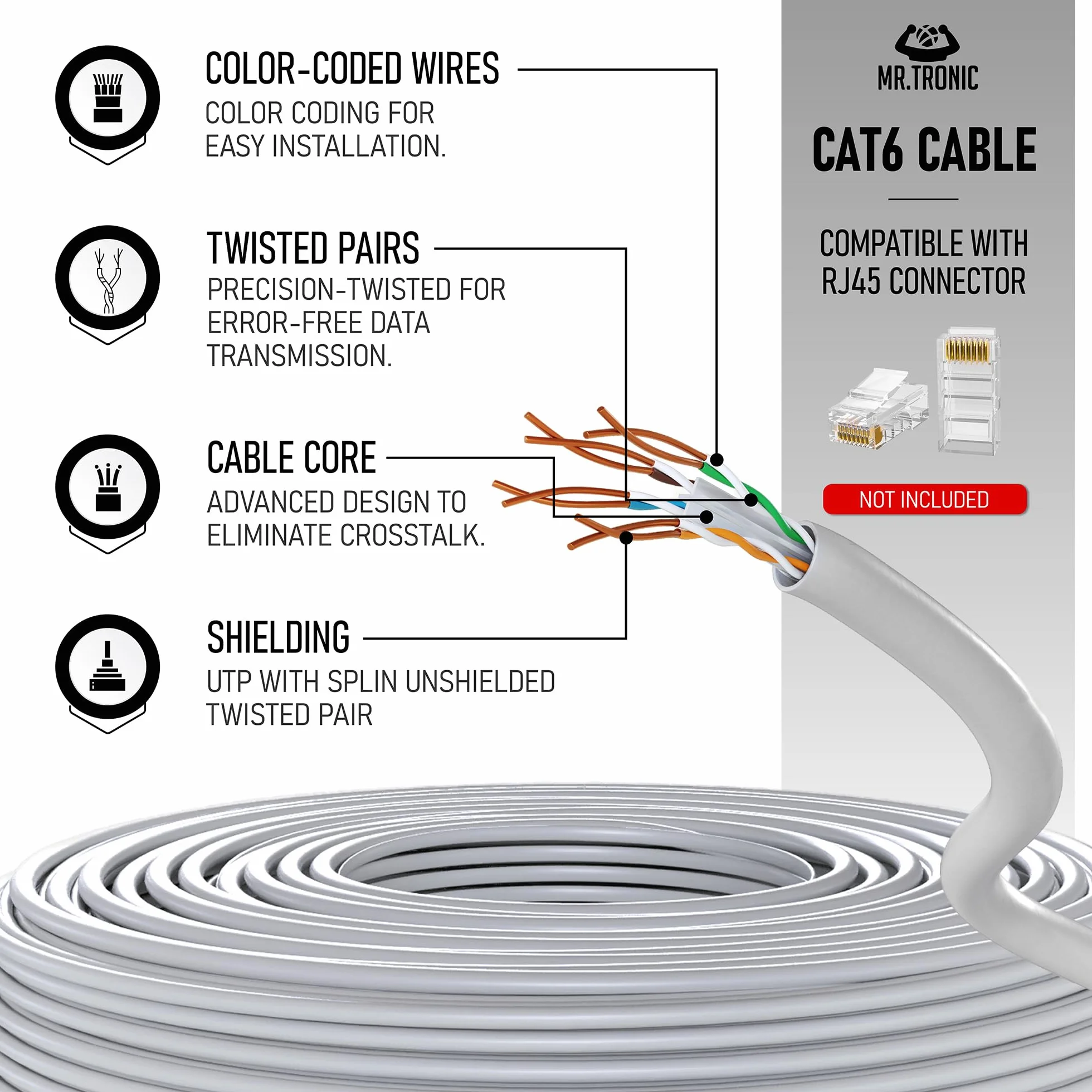 Kabel Ethernet Cat 6 25m UTP CCA AWG24 1 Gb/s 250 MHz Szary Mr. Tronic