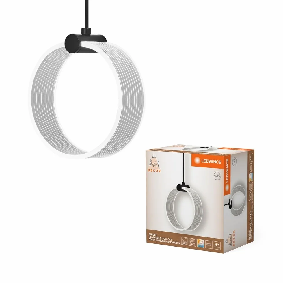 LEDVANCE Decor Circle dekoracyjna lampa wisząca PL, 8W, 370lm, 3000K/4200K/6500K, ciepła biel/zimna biel/światło dzienne, włącznik Click-CCT, nie nadaje się do ściemniania, IP20, plastik, czarny