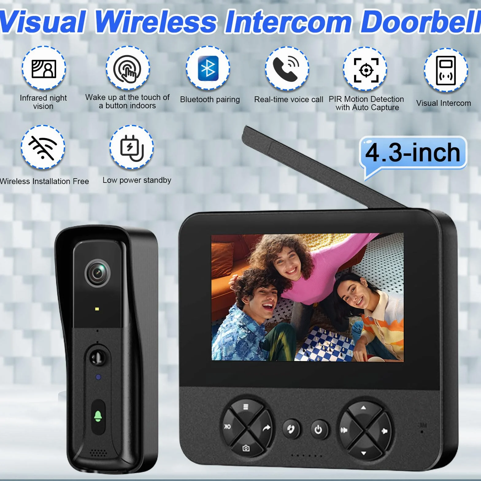 Bezprzewodowy dzwonek do drzwi z monitorem, kamera wideo z dzwonkiem do drzwi 4,3 cala, bezprzewodowy dzwonek do drzwi, 1080p, z dwukierunkowym wideo, widzenie nocne, wykrywanie ruchu PIR, bez WLAN