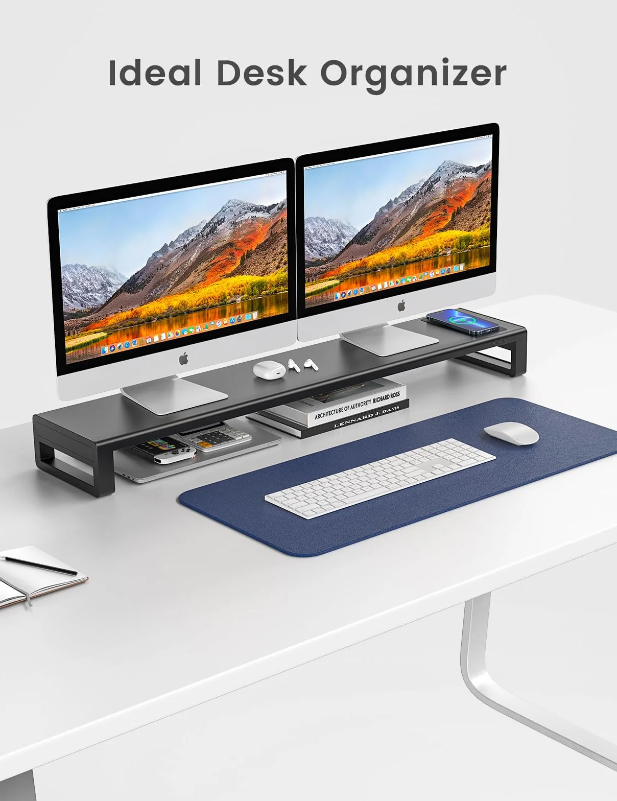 Vardeer Podwójny Stojak na Monitor Metalowy z Bezprzewodowym Ładowaniem i 4 Portami USB, Obsługa 32 Cale, Czarny