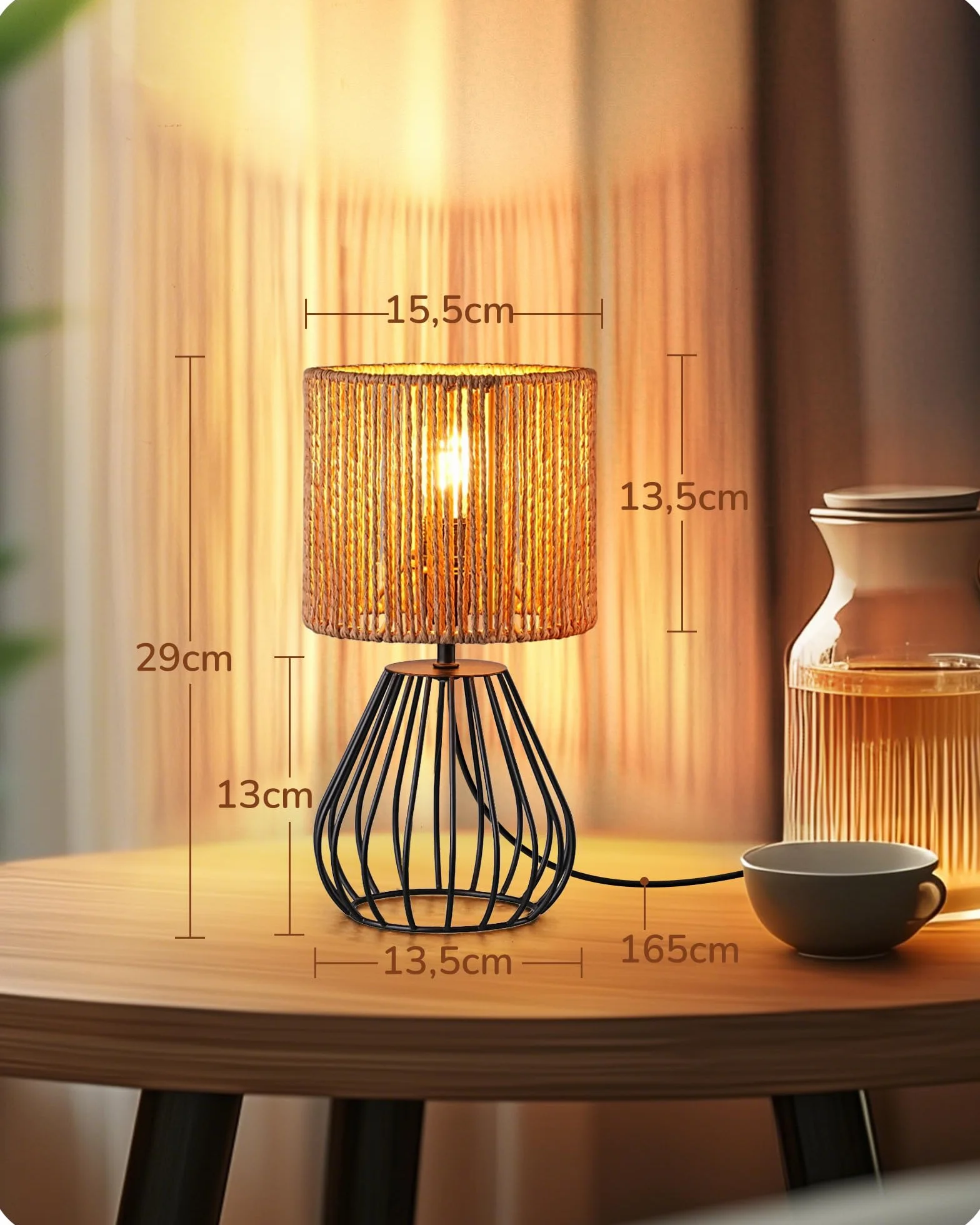 EDISHINE Lampka stołowa do salonu, boho z tkanego płótna papierowego, o wyglądzie metalowej siatki, E14, lampka nocna vintage, 29 cm, z żarówką LED 4 W, czarna