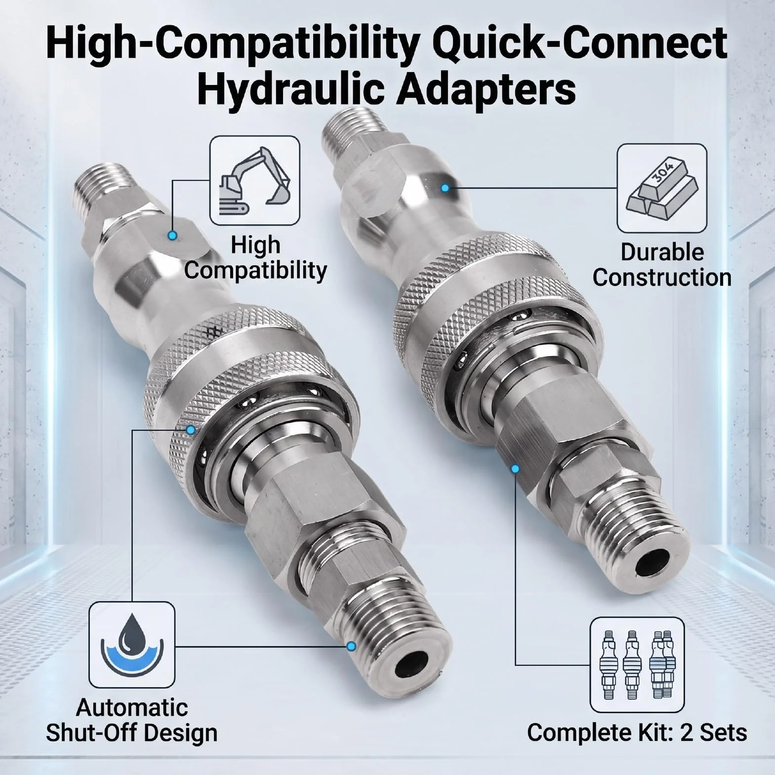 Luocute Hydrauliczny Adapter do Szybkiego łączenia, M14 żeński na Męski | do minikoparki, 2 zestawy złączy metrycznych do osprzętu kompaktowego, zestaw do konwersji złączy hydraulicznych z gwintem