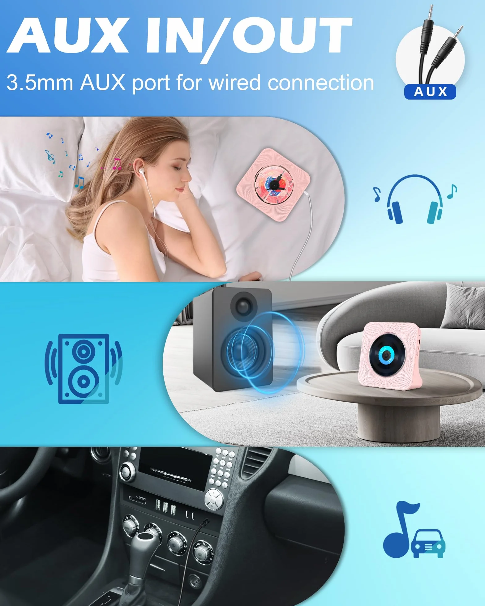 Przenośny odtwarzacz CD HIFI Bluetooth 4000 mAh pilot Sleep Timer radio FM USB