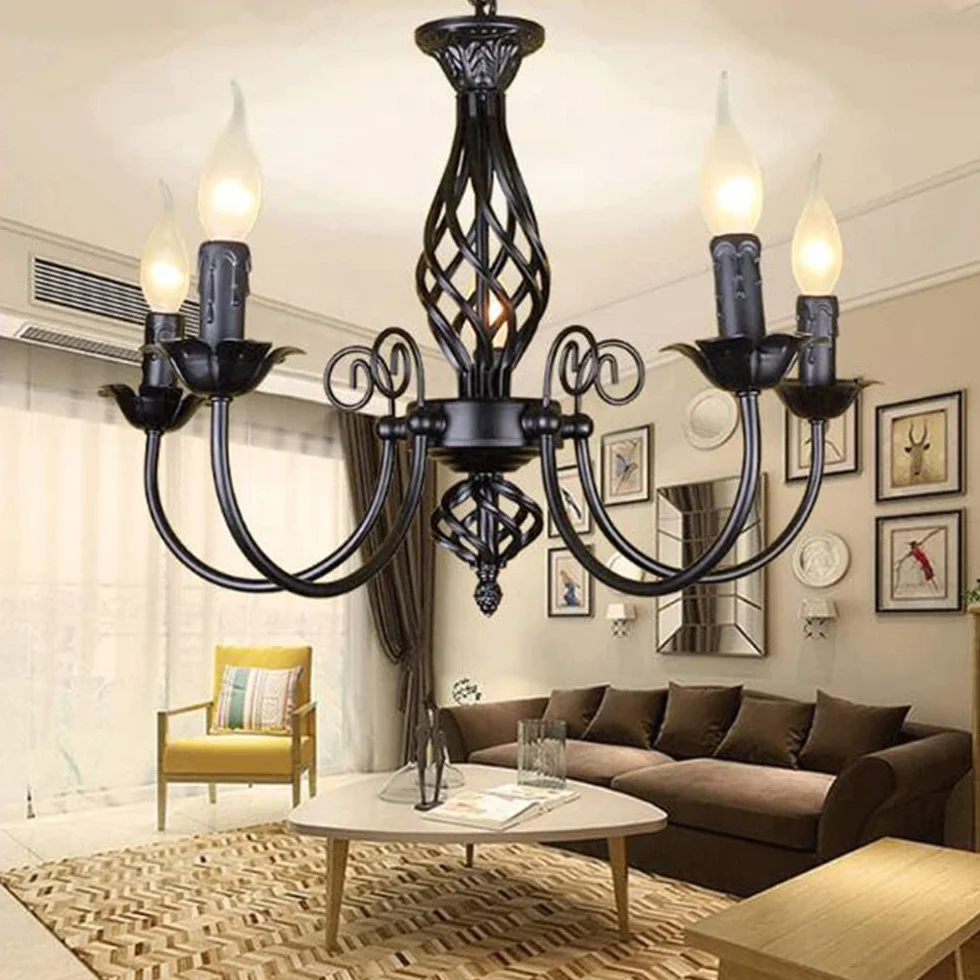 Antyczny żyrandol Klasyczny E14 świeca Lampa Wisząca Francuska Retro Czarna Lampa Wisząca z Regulacją Wysokości Wiejski Styl Oświetlenie do Salonu Kuchnia Jadalnia Alejek,5 heads