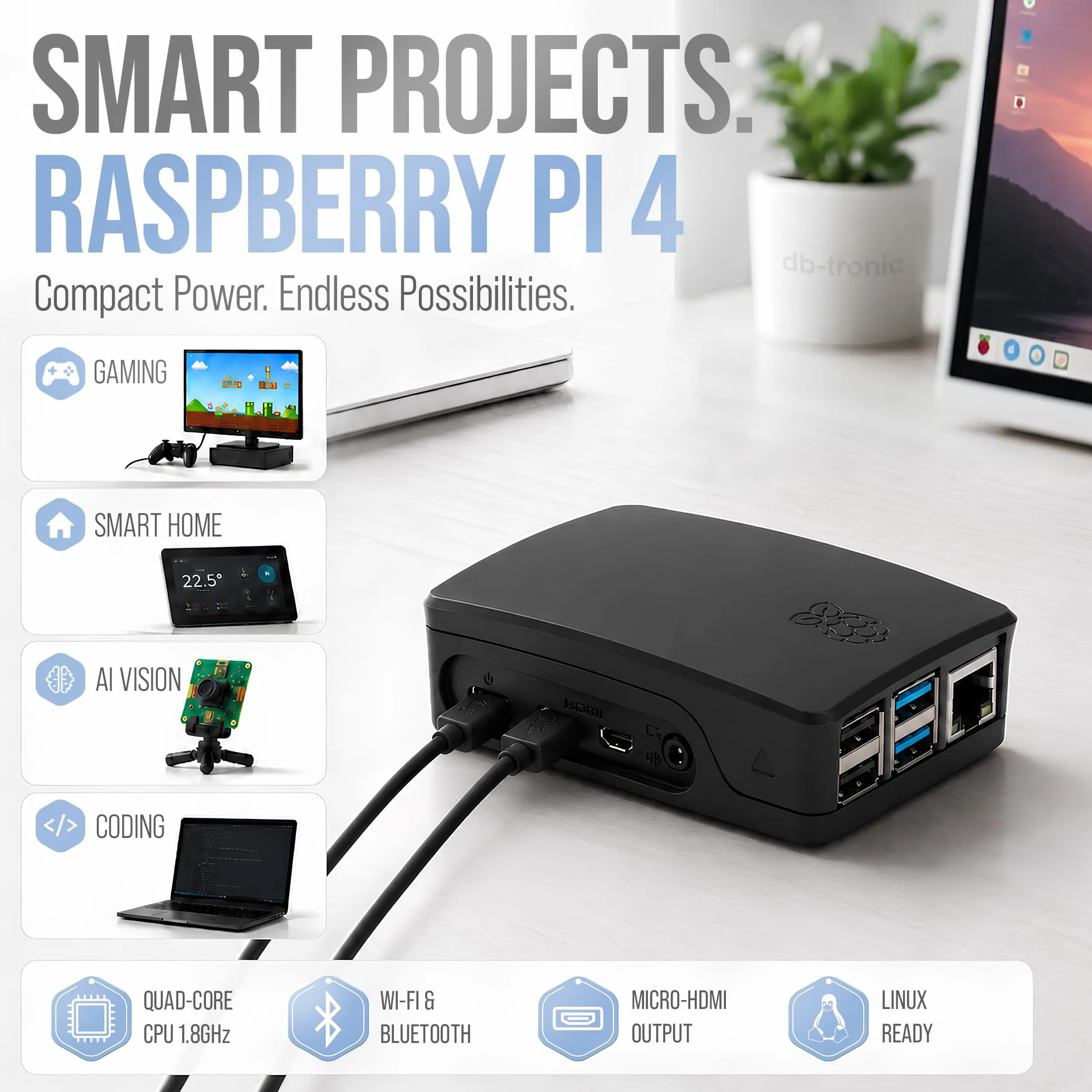 Raspberry Pi 4 2 GB Starter Kit Czarna edycja 64 GB Zasilacz 15 W Obudowa Micro HDMI 4K Radiatory