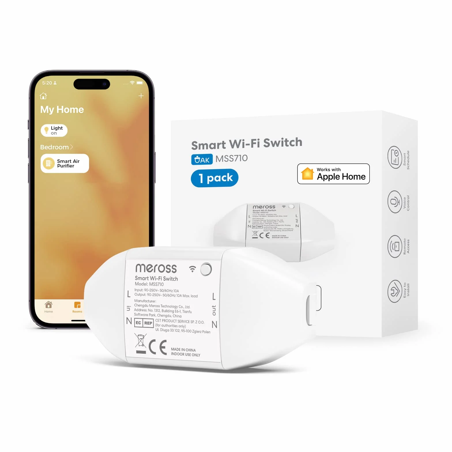 Meross Przełącznik WLAN, Pilot Smart Switch ze Sterowaniem Głosowym, Współpracuje z Apple HomeKit, Alexa, Asystent Google, SmartThings, DIY Smart dla Elektrycznych Urządzeń Gospodarstwa Domowego