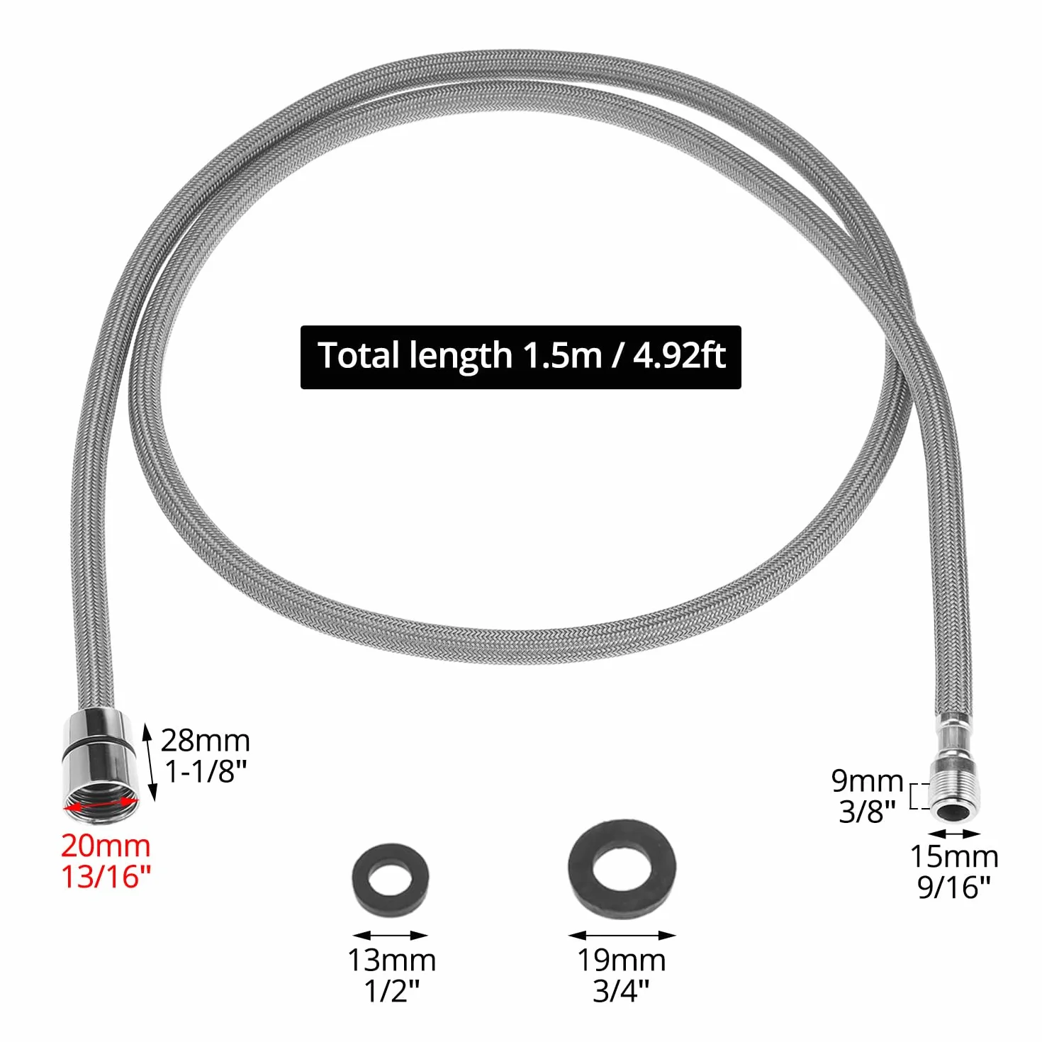 QWORK® Wąż kranowy 150 cm, nylonowy wąż prysznicowy M15/1 x 1/2 cala, wąż do kranu pull-down, do armatury kuchennej i łazienkowej