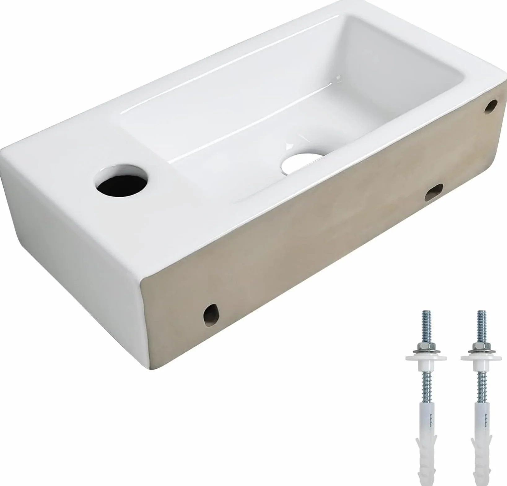 Ibergrif, M41102-R Prostokątny zlew ceramiczny z 1 otworem na kran, umywalka z prawej ręki montowana na ścianie, Mały rozmiar: 376 × 188 × 93 mm, Biały