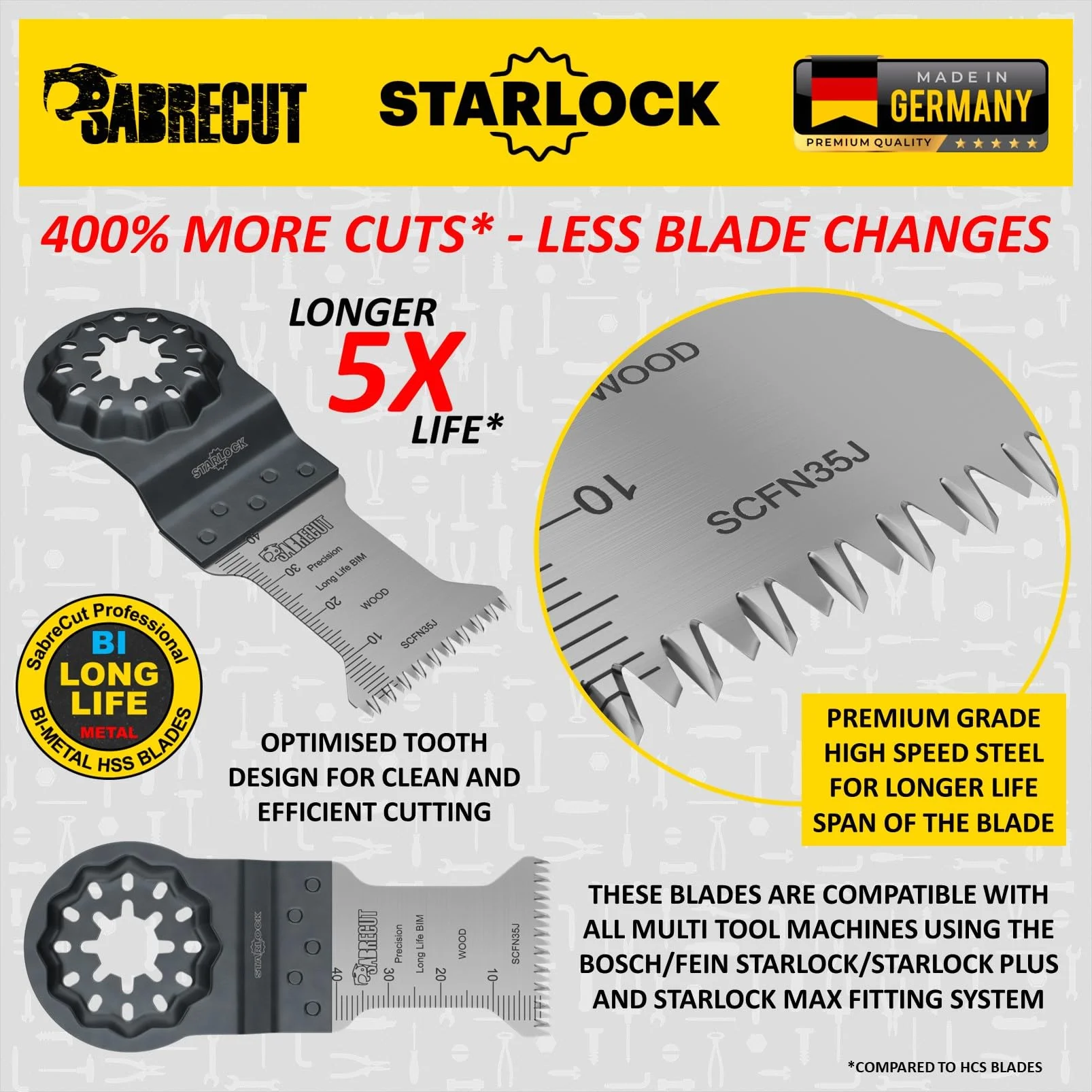 SabreCut 5pcs SCFN35J_5 35mm x 40mm 14 TPI Grube Ząb Ostrza multitool | Kompatybilne z Bosch, Fein (Non-StarLock), grube ostrza tną szybko