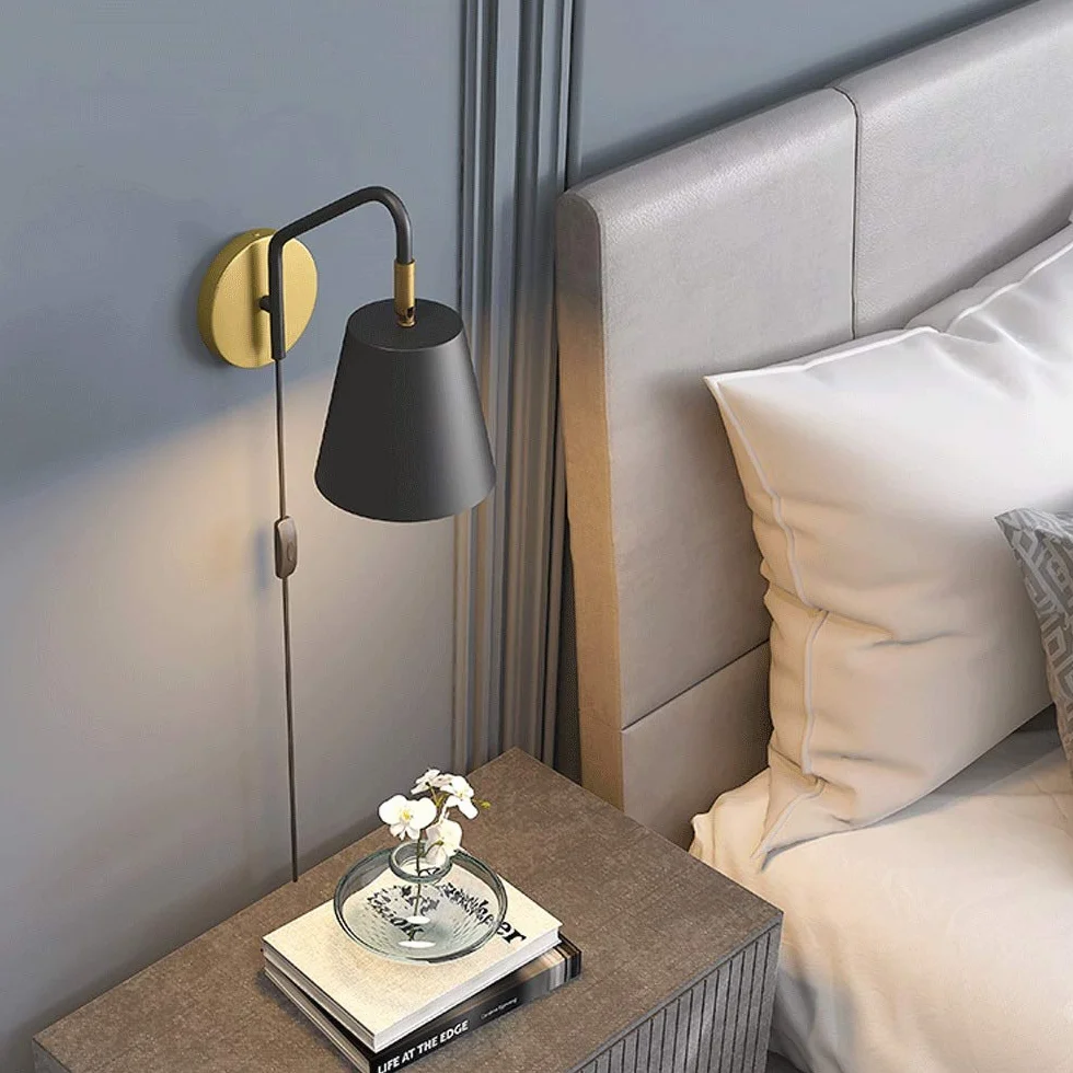 Lampka nocna z przełącznikami, lampa ścienna w stylu skandynawskim z metalowym wykończeniem, E27 oświetlenie wewnętrzne ściany z obrotowym kątem, do salonu i sypialni
