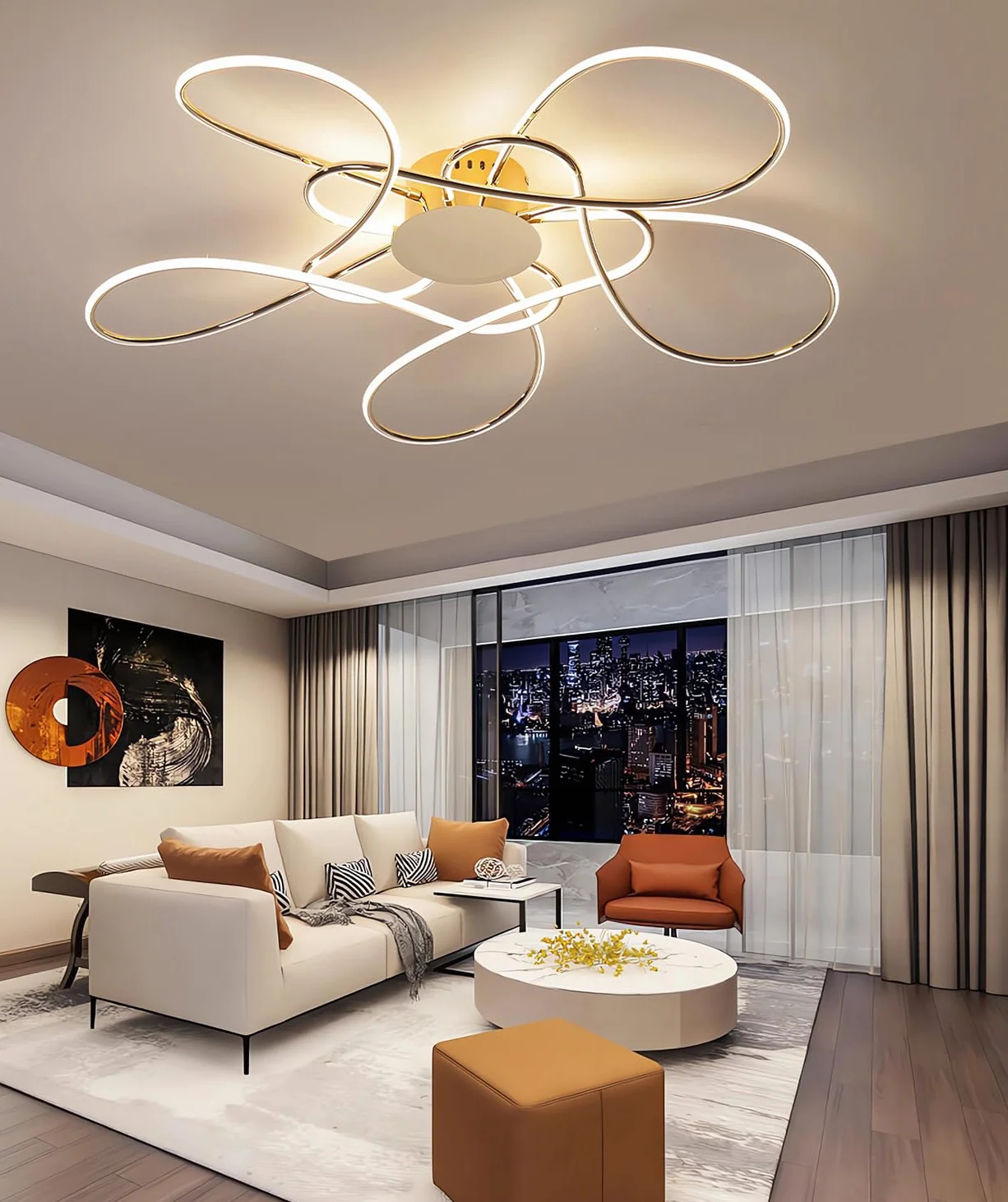 Lampa sufitowa LED do salonu Nowoczesna Prosta reatywna lampa Sufitowa z pilotem zdalnego sterowania Ściemnialne oświetlenie sufitowe Sypialnia Wpuszczane wiszące 3200-6500K (Złoto, Φ90cm)