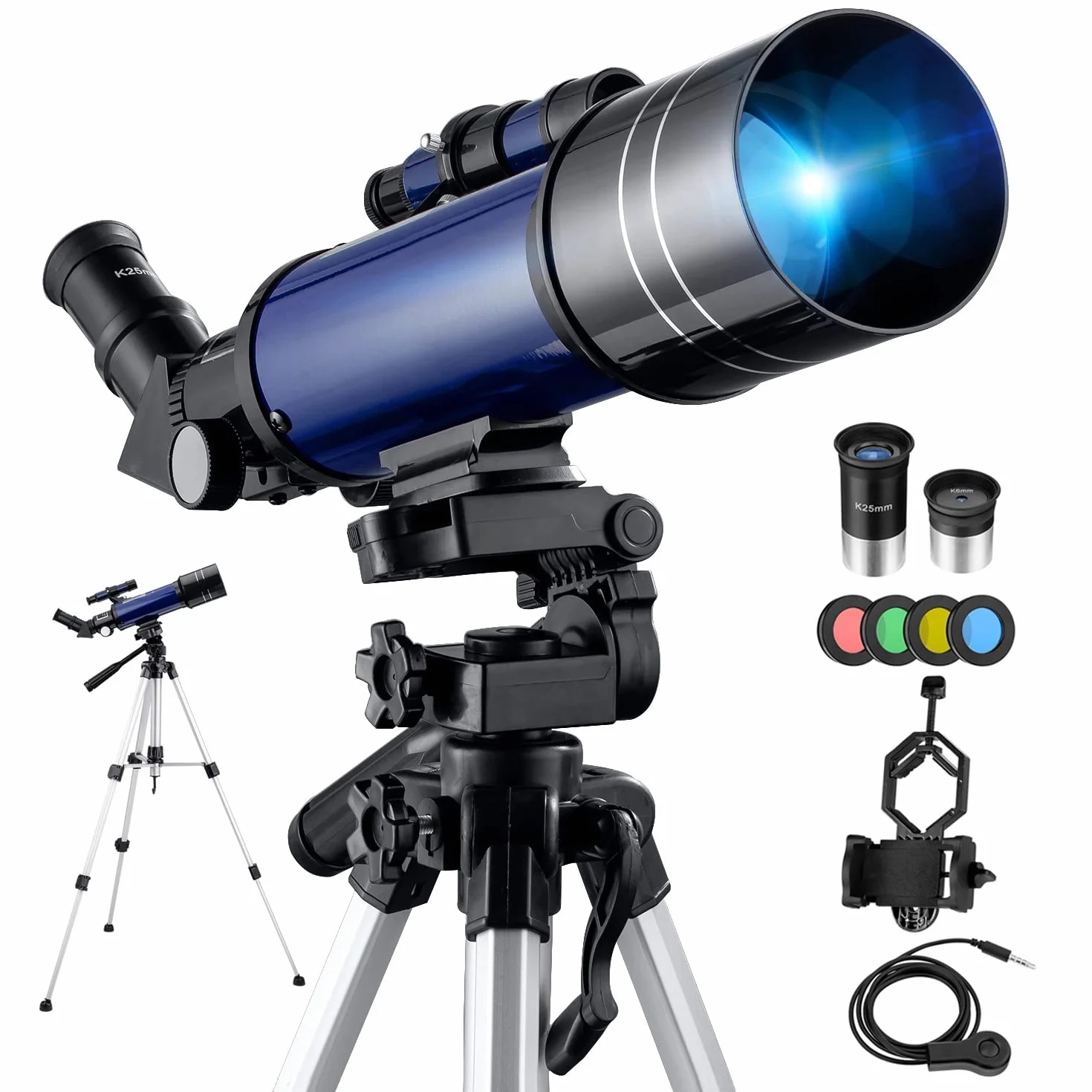 Teleskopy do astronomii, Pro 400-70 mm, refraktor teleskopowy dla początkujących dorosłych i dzieci, z regulowanym statywem, migawką zdjęć, 4 filtrami księżycowymi, uchwytem na adapter do telefonu i plecakiem