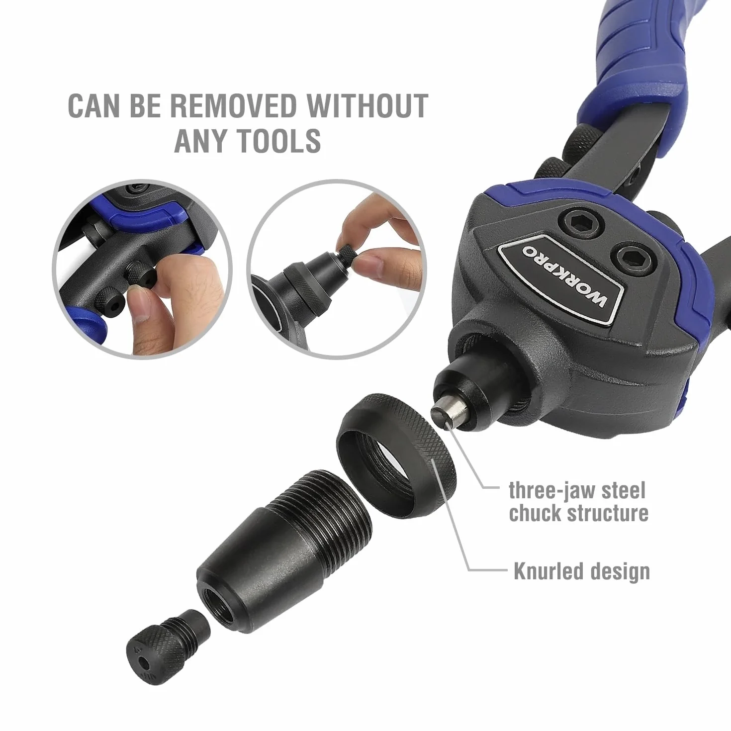 WORKPRO Nitownica 5 w 1, 25-centymetrowa nitownica Pop z 5 rozmiarami wymienną dyszą 2,4 mm, 3,2 mm, 4,8 mm, 6,4 mm, wytrzymała nitownica ręczna z 100-częściowymi nitami