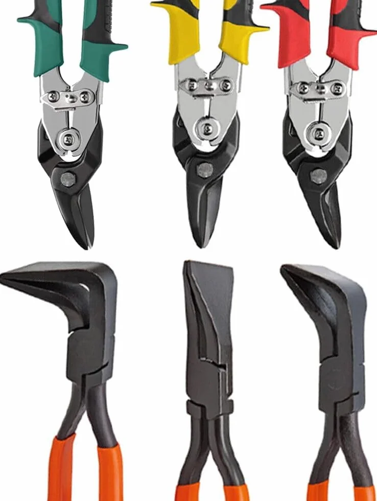 6-częściowy zestaw zacisków Cr-Mo Steel (L-280 mm | HRC 30-35 | 0° 45° 90°) + nożyce do blachy (L-250 mm | HRC 56-62 | lewe i prawe cięcie) szczypce do gięcia do blachy, dekarzy, hydraulików, szczypce