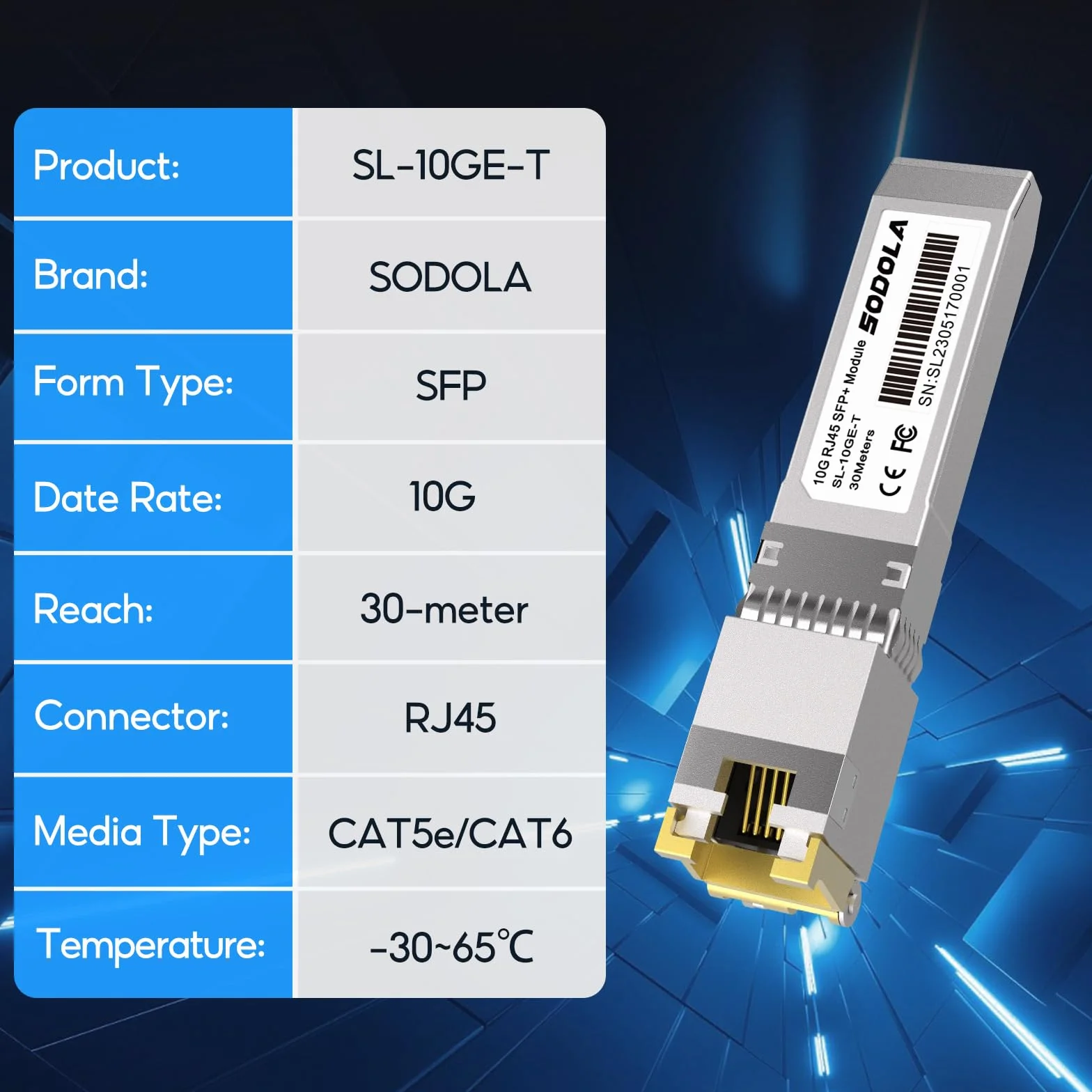 SODOLA 10GBase-T RJ45 SFP+ moduł miedziany 30m Plug and Play Hot Pluggable 1 sztuka