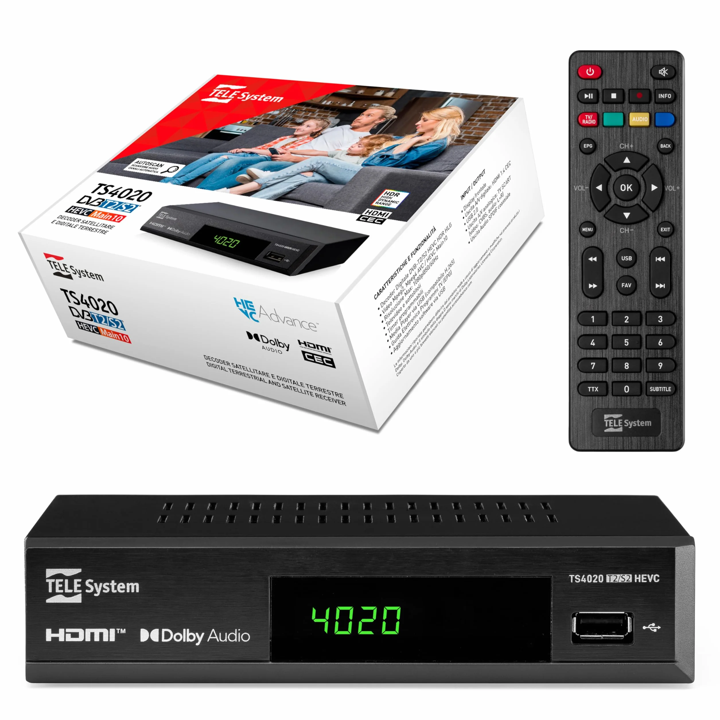 TELE System TS4020 Dekoder z podwójnym tunerem DVB-T/T2 i DVB-S/S2 HEVC HD HDR10 HLG. Dostęp do niekodowanej telewizji naziemnej i satelitarnej oraz radia.