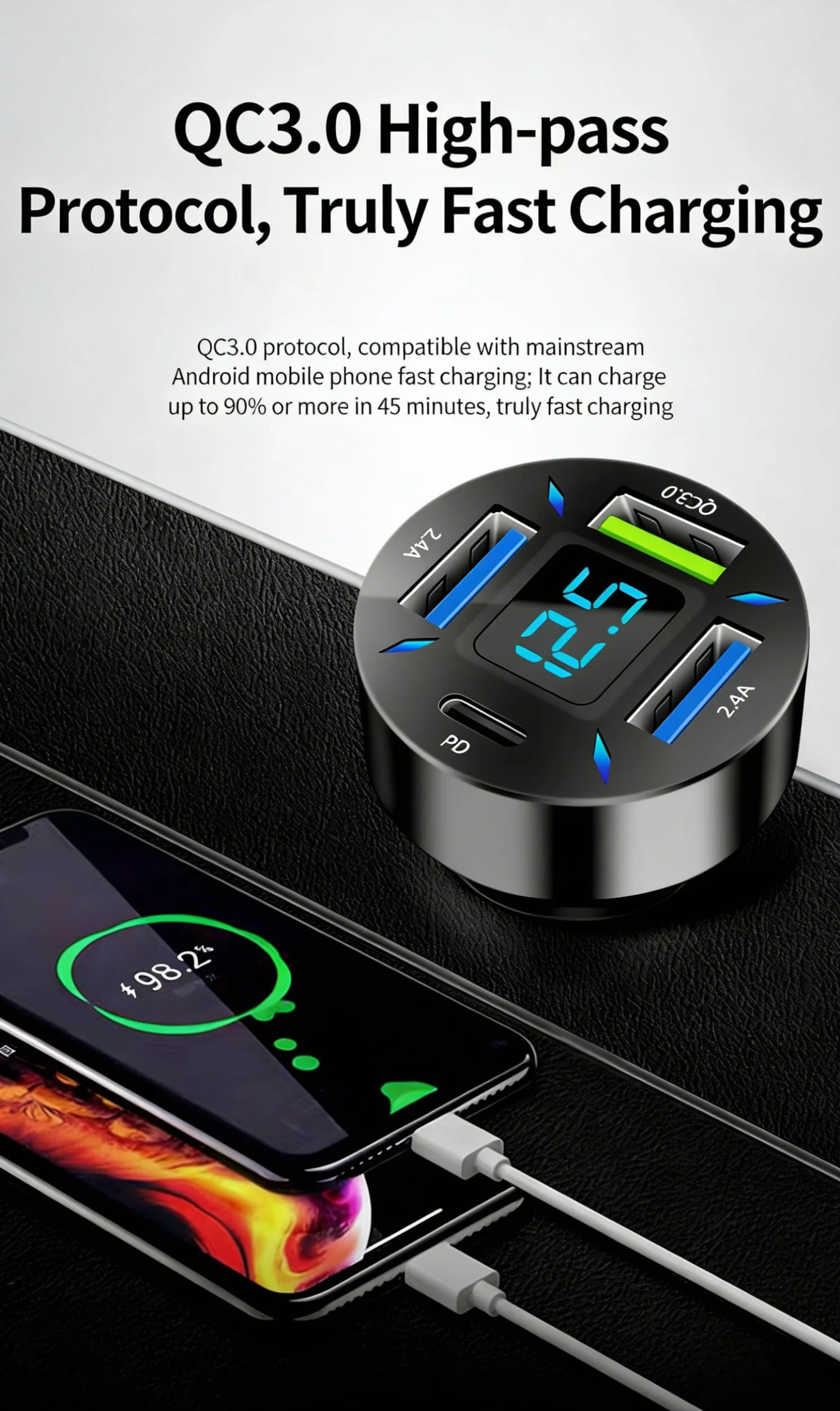 Ładowarka samochodowa USB C 50W QC3.0 PD30W 12V z woltomierzem LED 4-portowa