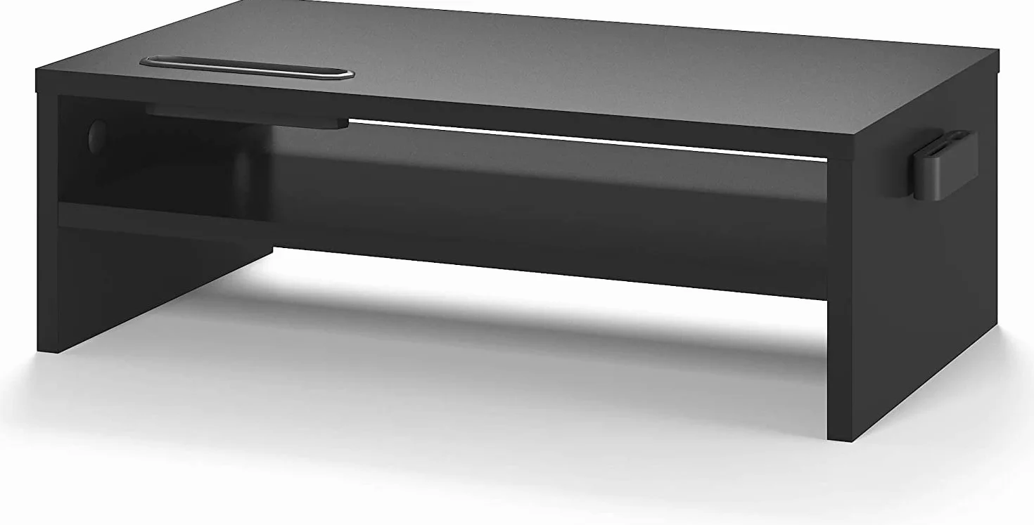 BONTEC 2-Warstwowy Stojak na Monitor Drewniany, Ergonomiczny Stojak na Laptopa, PC i Notebooka z Uchwytem na Smartfon i Zarządzaniem Kablami, Czarny, MDF