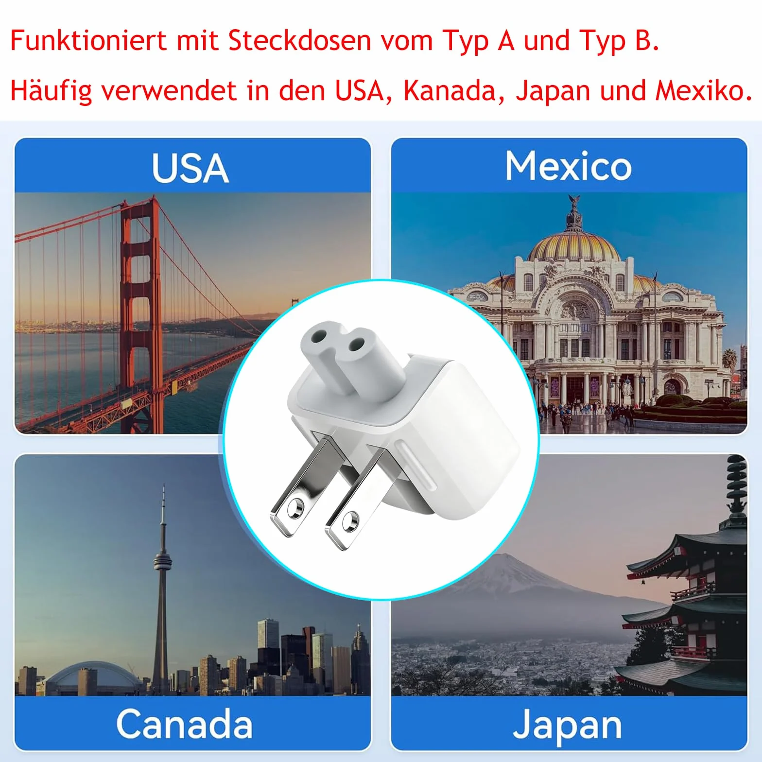 Powice Adapter podróżny z Europą na USA do Apple Power Adapter, adapter AC odpowiedni jako zamiennik do zasilacza sieciowego Apple, wtyczka ładowania do wtyczki sieciowej, adapter do podróży do USA