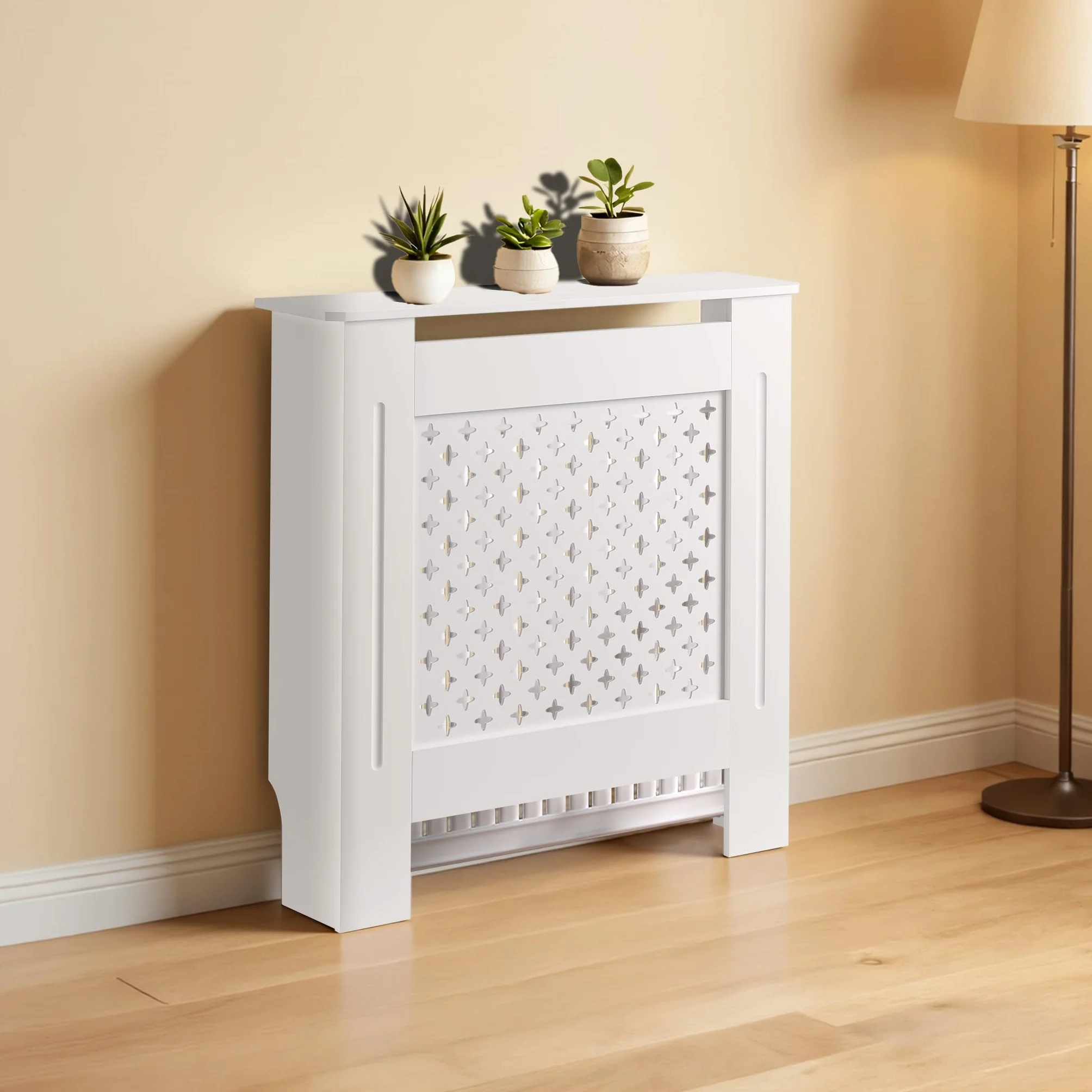 Osłona na kaloryfer biała 78 x 19 x 82 cm, maskownica na grzejnik z płyty MDF, drewniana obudowa kaloryfera, elegancka zabudowa grzejnika