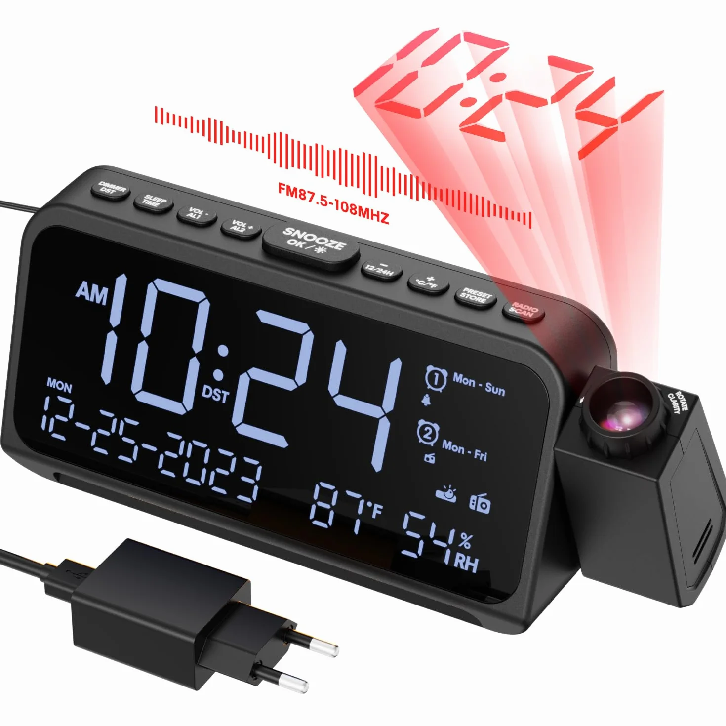 Radiobudzik z projekcją, budzik z projektorem do sypialni, typ C i port USB, dzień tygodnia/weekend, zegar projekcyjny DST, ściemniacz/temperatura/data, cyfrowy budzik na stolik nocny do biura