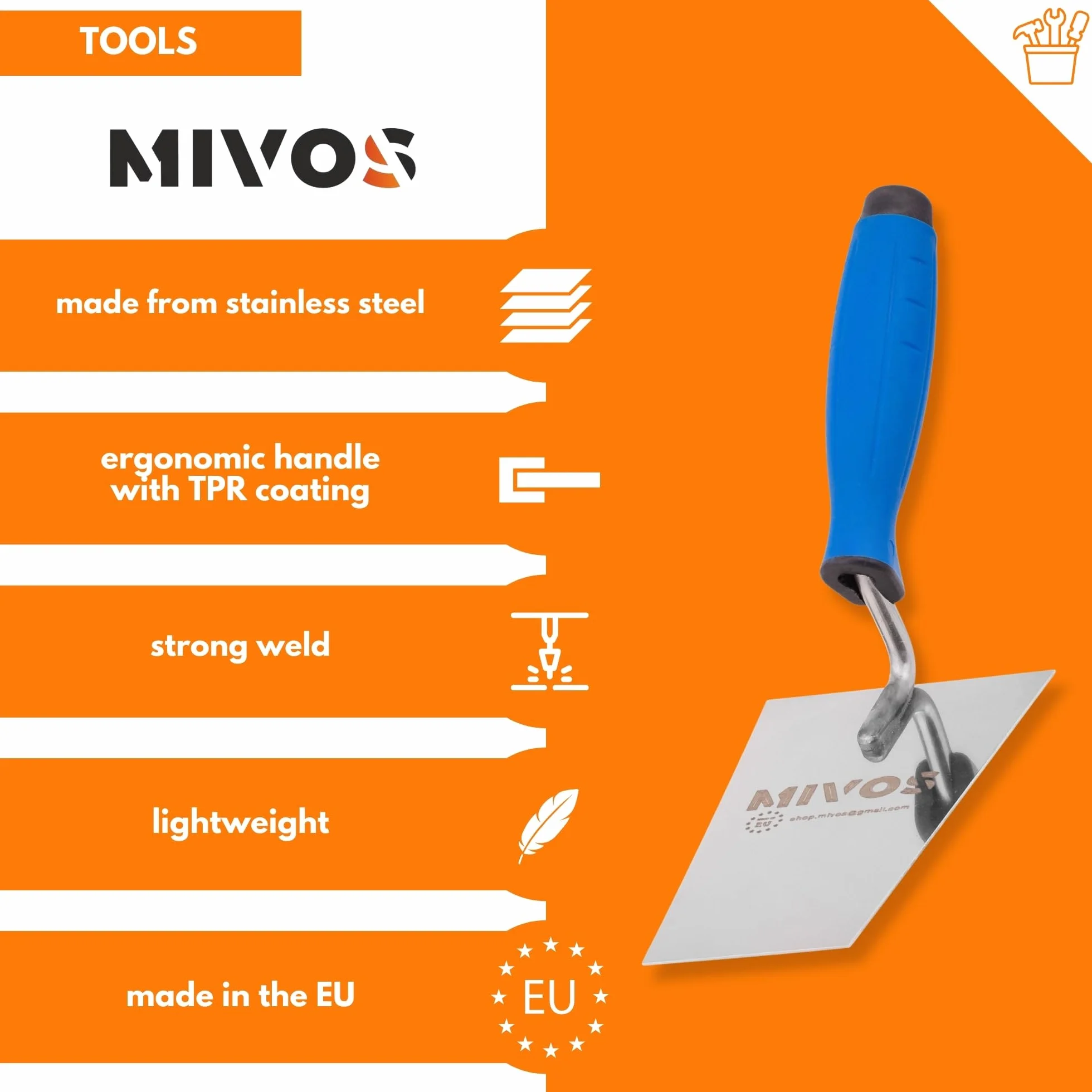 Mivos Kielnia trapezowa ze stali nierdzewnej 140 x 70 mm – nierdzewna kielnia murarska 140 mm z gumowym uchwytem – kielnia tynkarska do prac murarskich – paca wygładzająca trapezowa, wyprodukowana w