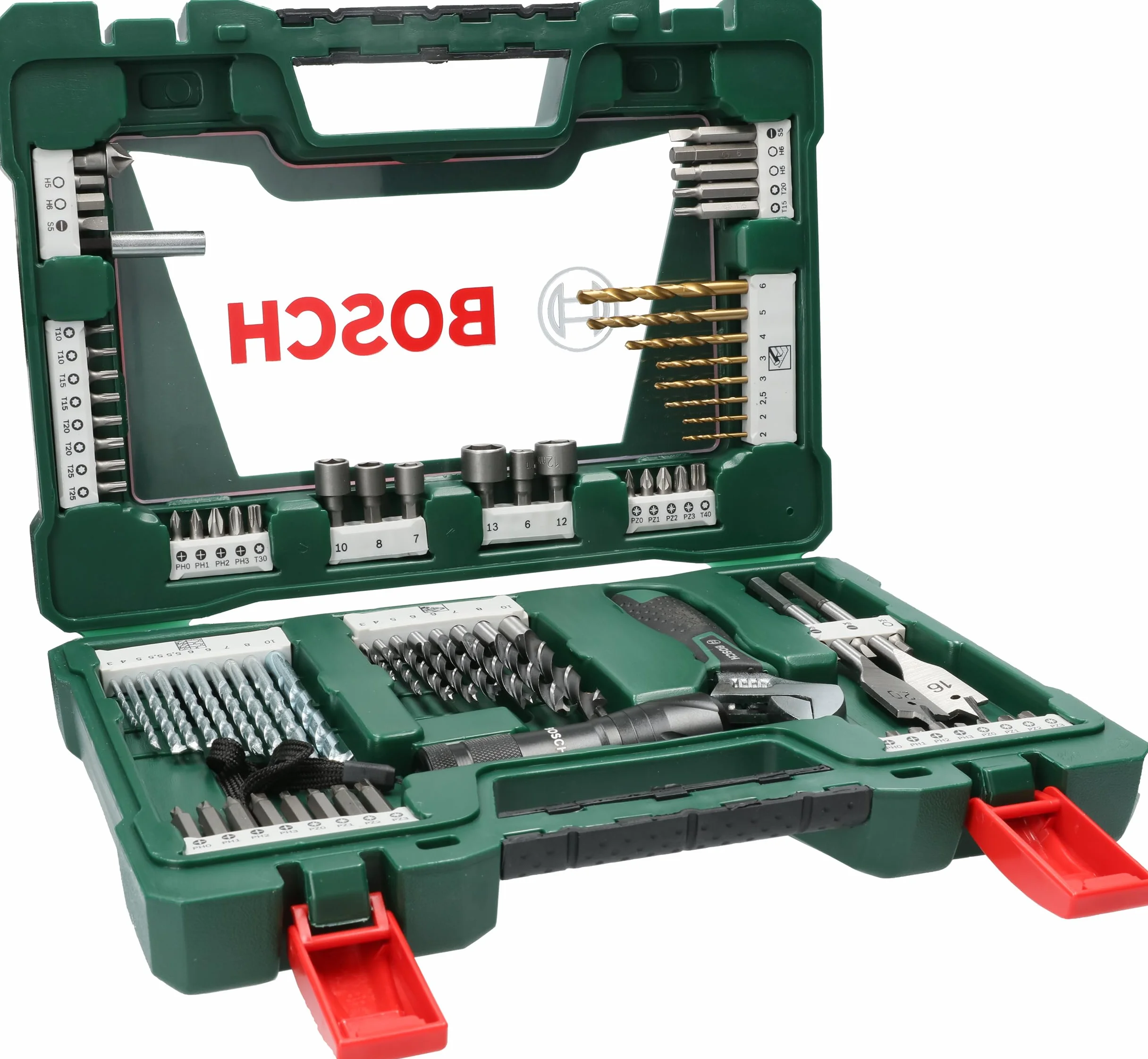 Bosch 83-częściowy zestaw wierteł TiN i końcówek wkręcających V-Line (z latarką LED i kluczem rozsuwanym główkowym, do drewna, kamienia i metalu, Akcesoria wiertło)