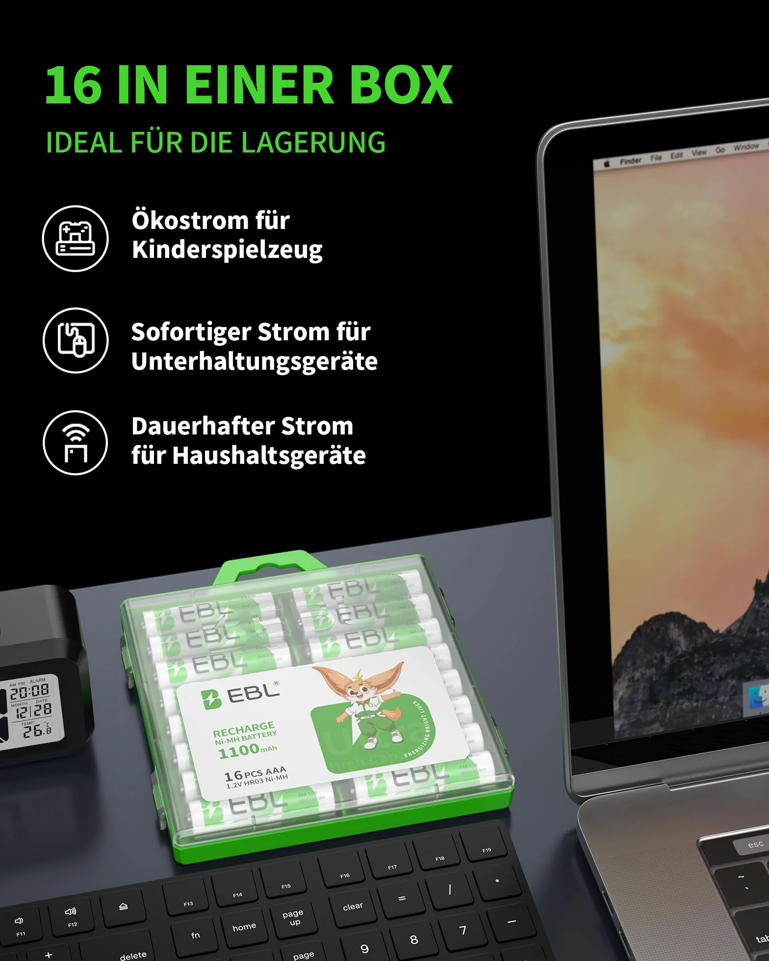 EBL Akumulator AAA 1100 mAh, 16 sztuk, typ Ni-MH, 1,2 V baterie AAA do ponownego ładowania, baterie Micro AAA