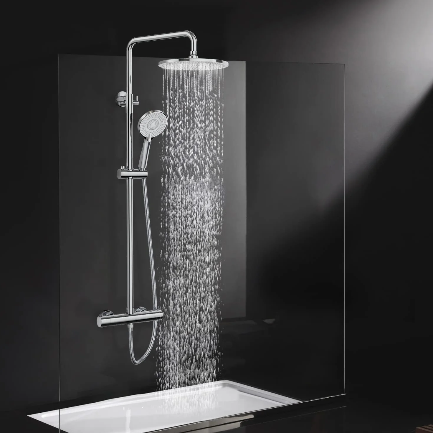 Rainsworth System prysznicowy z termostatem, chromowana, kompletny zestaw z okrągłą deszczownicą 25 cm, 3 rodzaje strumienia, 92-126 cm, regulacja wysokości, deszczownica z armaturą, zestaw