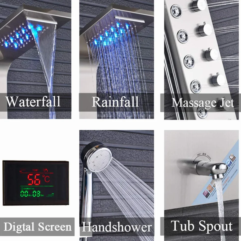 Luksusowy szczotkowany nikiel łazienkowy bateria prysznicowa z panelem prysznicowym LED, bateria do wanny z prysznicem ręcznym i wyświetlaczem temperatury.