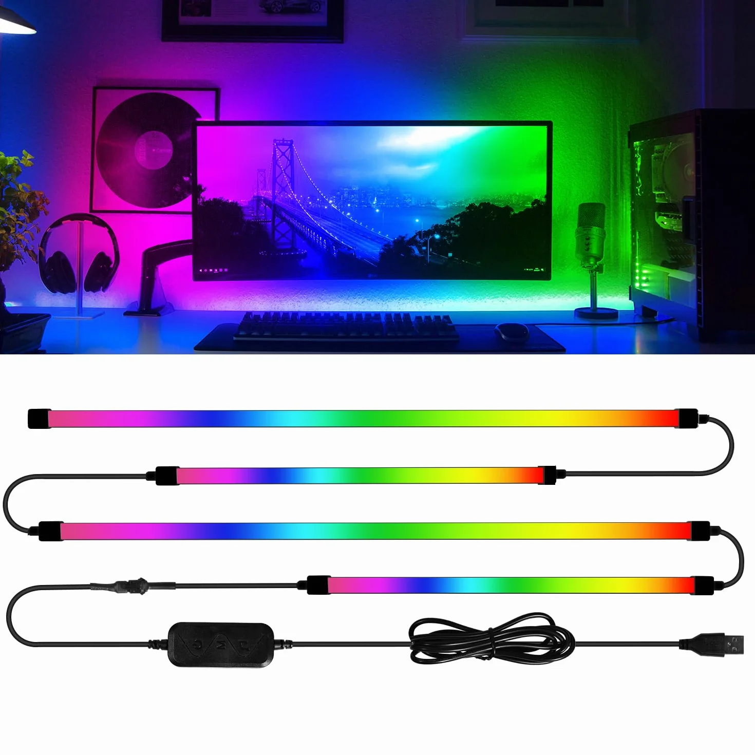 Imersyjne Podświetlenie Synchronizujące Monitora PC, 27 Cale Taśma LED Synchronizująca Ekran do Gier, Filmów i Muzyki, Zestaw Oświetlenia Ambientowego USB, Kompatybilny z Windows i Mac OS (4 Strony)