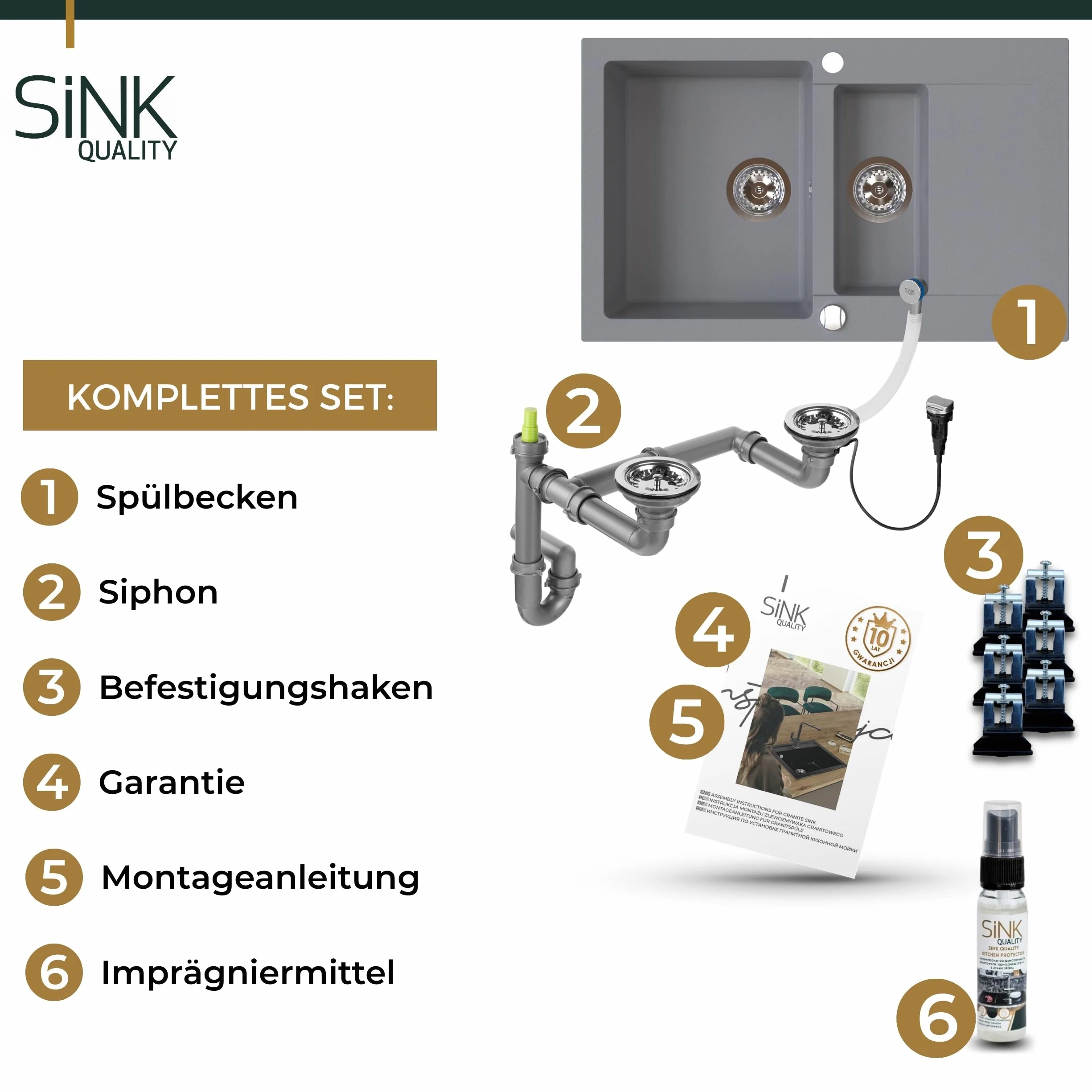 SINK Quality zlewozmywak szary, 79 x 50 cm, zlewozmywak granitowy 1,5 umywalka, zlewozmywak z syfonem i środkiem impregnującym, zlewozmywak kuchenny od szafki pod umywalkę 50