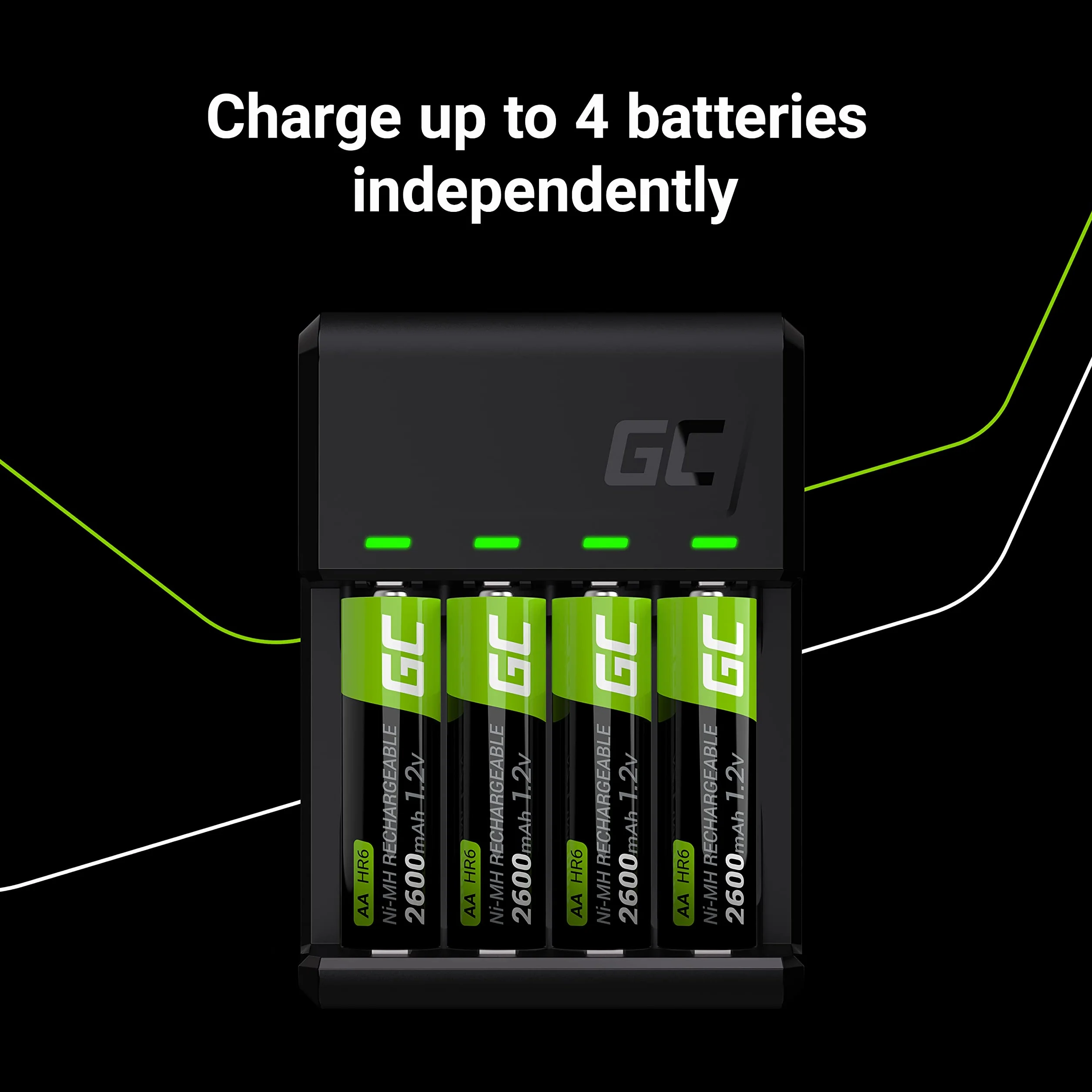 Green Cell Ładowarka akumulatorów VitalCharger Ni-MH AA R6 Mignon i AAA R03 z portami Micro USB i USB-C, 4-kanałowy system ładowania, sygnalizacja LED.