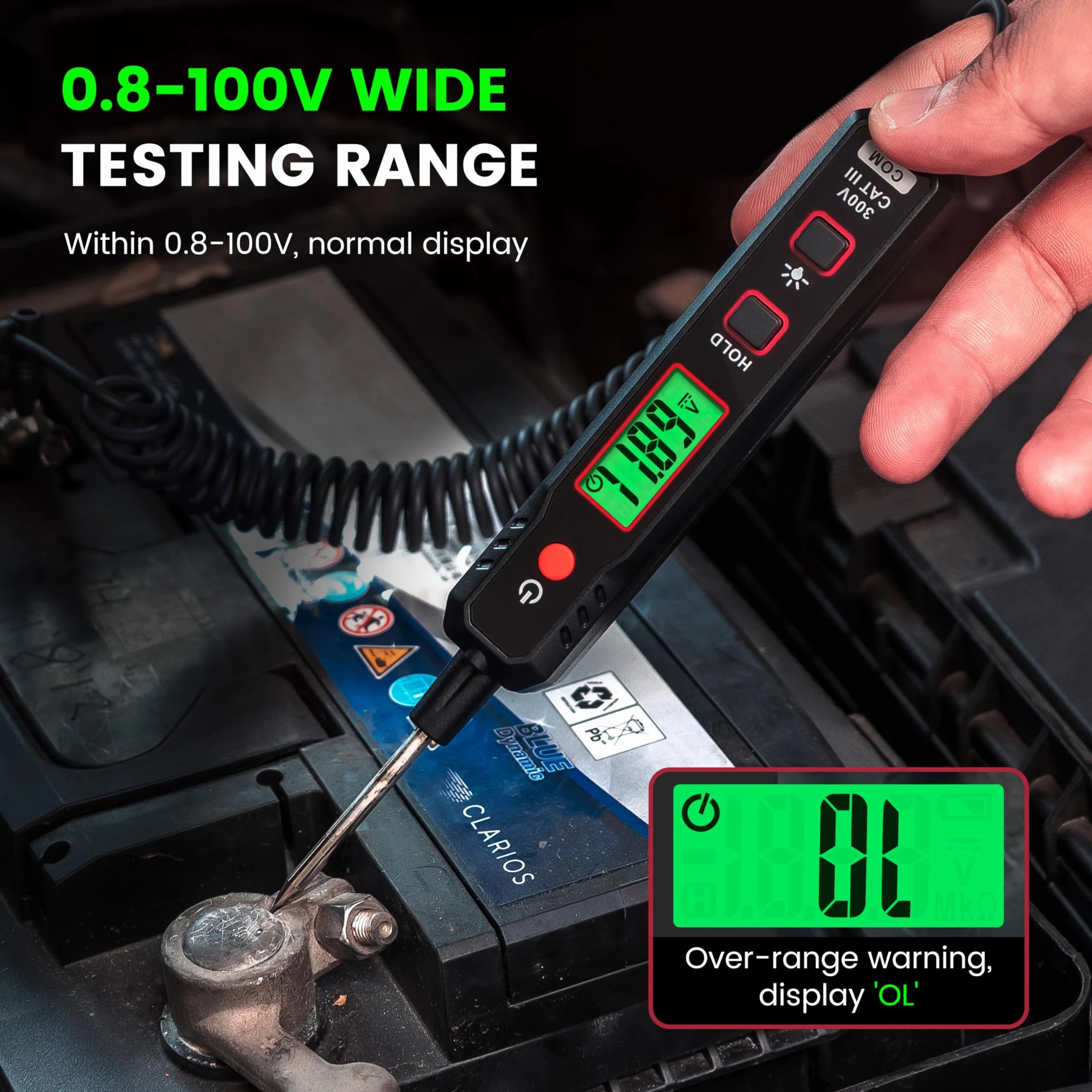 KAIWEETS Inteligentny tester napięcia w samochodzie, tester napięcia 0.8V-100V DC z podświetleniem, cyfrowa lampa testowa samochodu z latarką mierzy ciągłość biegunowości, lampa testowa do akumulatora samochodowego