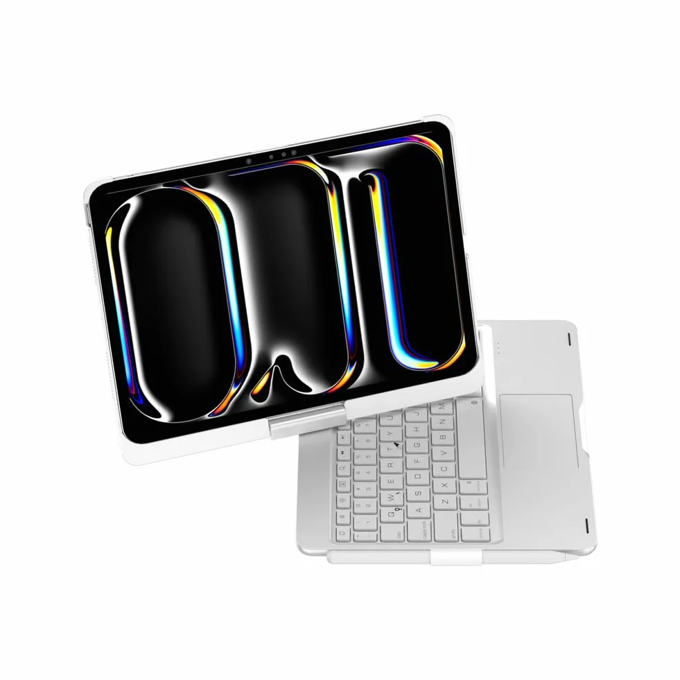Etui z Klawiaturą do iPad Air 13 (M3 2025 / M2 2024) / Pro 12.9 (6. / 5. / 4. / 3. gen), Obrotowe 360°, Podświetlana Klawiatura 7 Kolorów z Gładzikiem, Silver