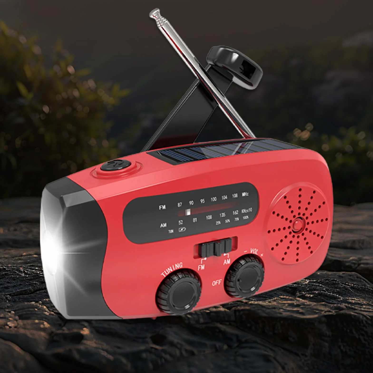 Radio Tranzystorowe AM/FM z Korbką Ładowania, Panelem Słonecznym i USB do Turystyki, Survivalu