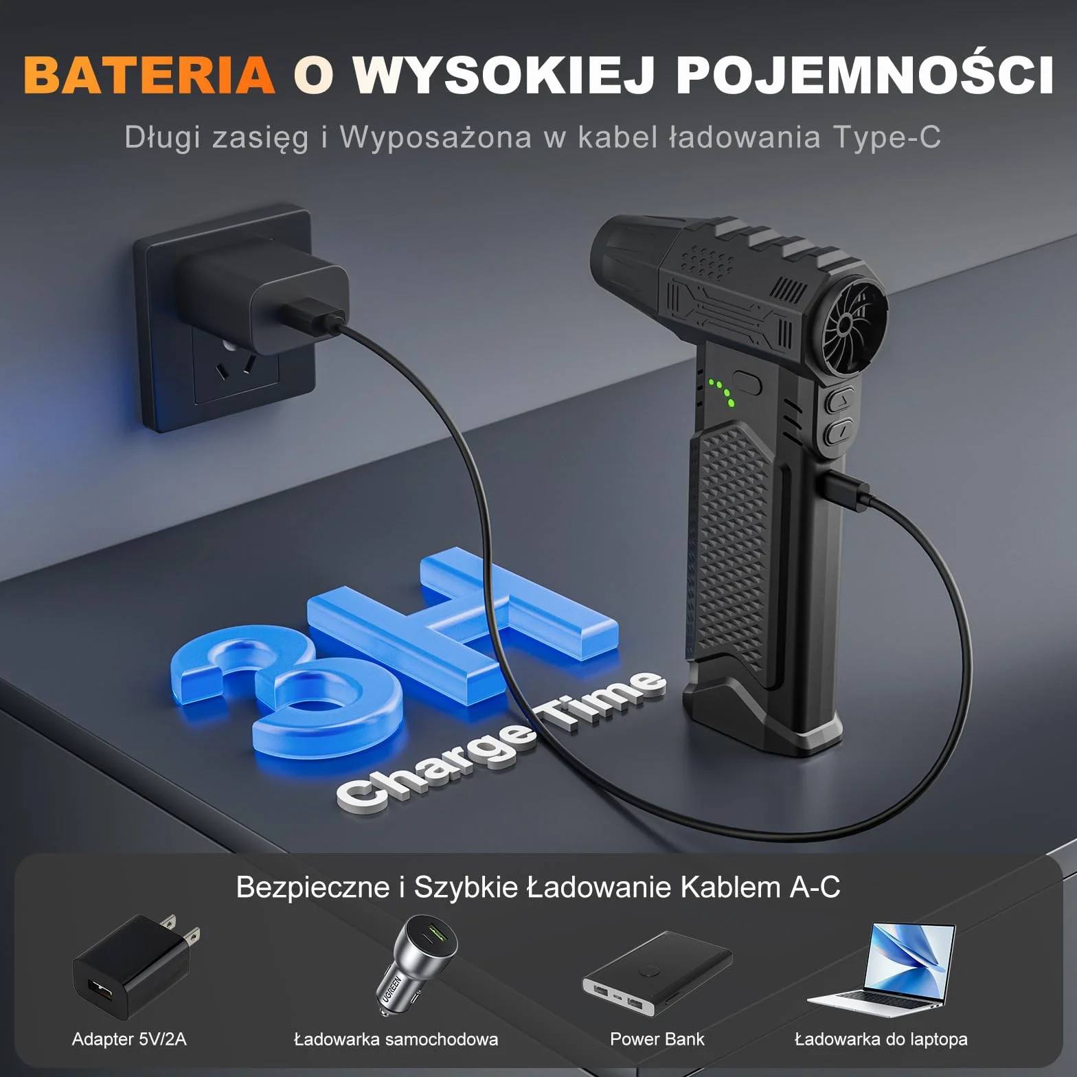 Elektryczna dmuchawa do kurzu 2 w 1 130000 obr./min z LED