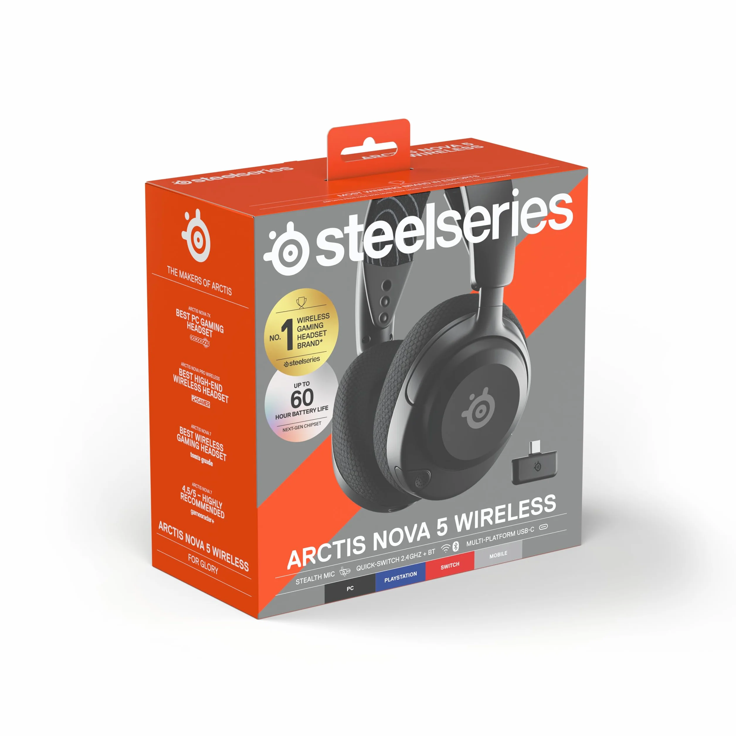 SteelSeries Arctis Nova 5 -słuchawki wi-fi do gier– neodymowe przetworniki magnetyczne– Ponad 100 ustawień wstępnych dźwięku– 60 godz baterii– 2,4 GHz lub BT– Mik.ClearCast Gen2– PC,PS5,Switch,telefon