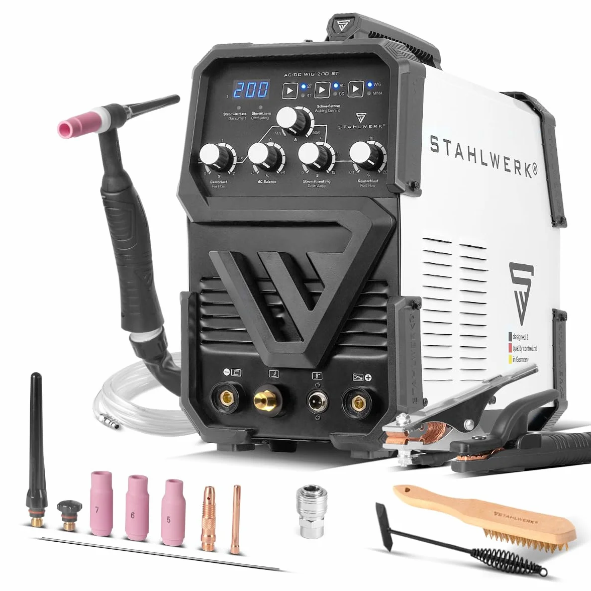 STAHLWERK Spawarka 2 w 1 Kombi AC/DC WIG 200 ST – WIG & MMA (E-Hand/ARC) do 200 A, zapłon HF, Hotstart, Anti-Stick, tryb 2T i 4T, spawanie AC WIG do aluminium, technologia IGBT