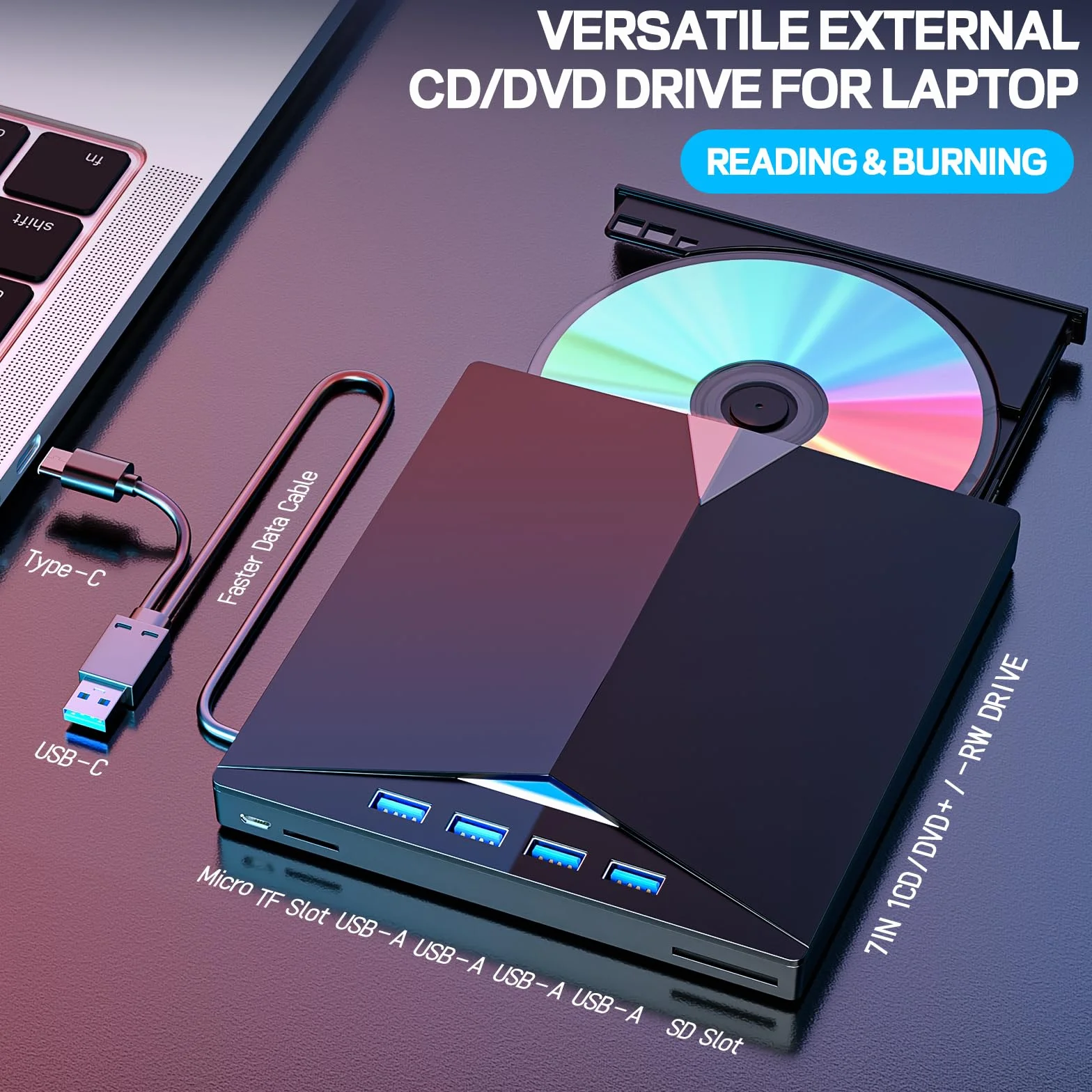 Przenośny odtwarzacz DVD CD USB 3.0 Typ C z gniazdem kart SD/TF do PC Laptop