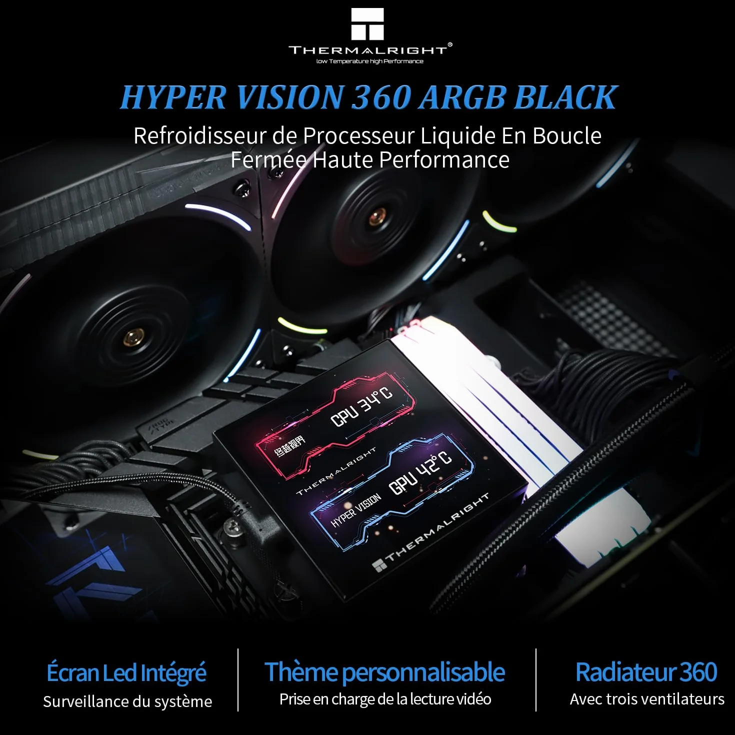 Thermalright Hyper Vision 360 ARGB Black chłodzenie cieczą CPU AIO ekran IPS LCD 480×480 LGA1851/1700 AM5 3,95 cala