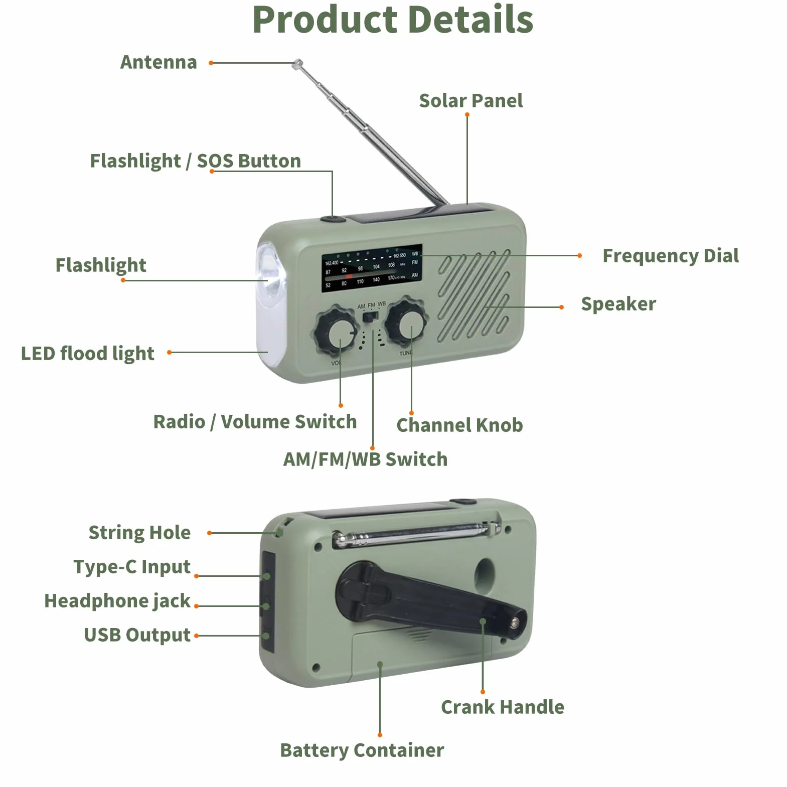 Radio awaryjne AM/FM z korbą solarną, dynamo, powerbank 2000 mAh, LED na kemping