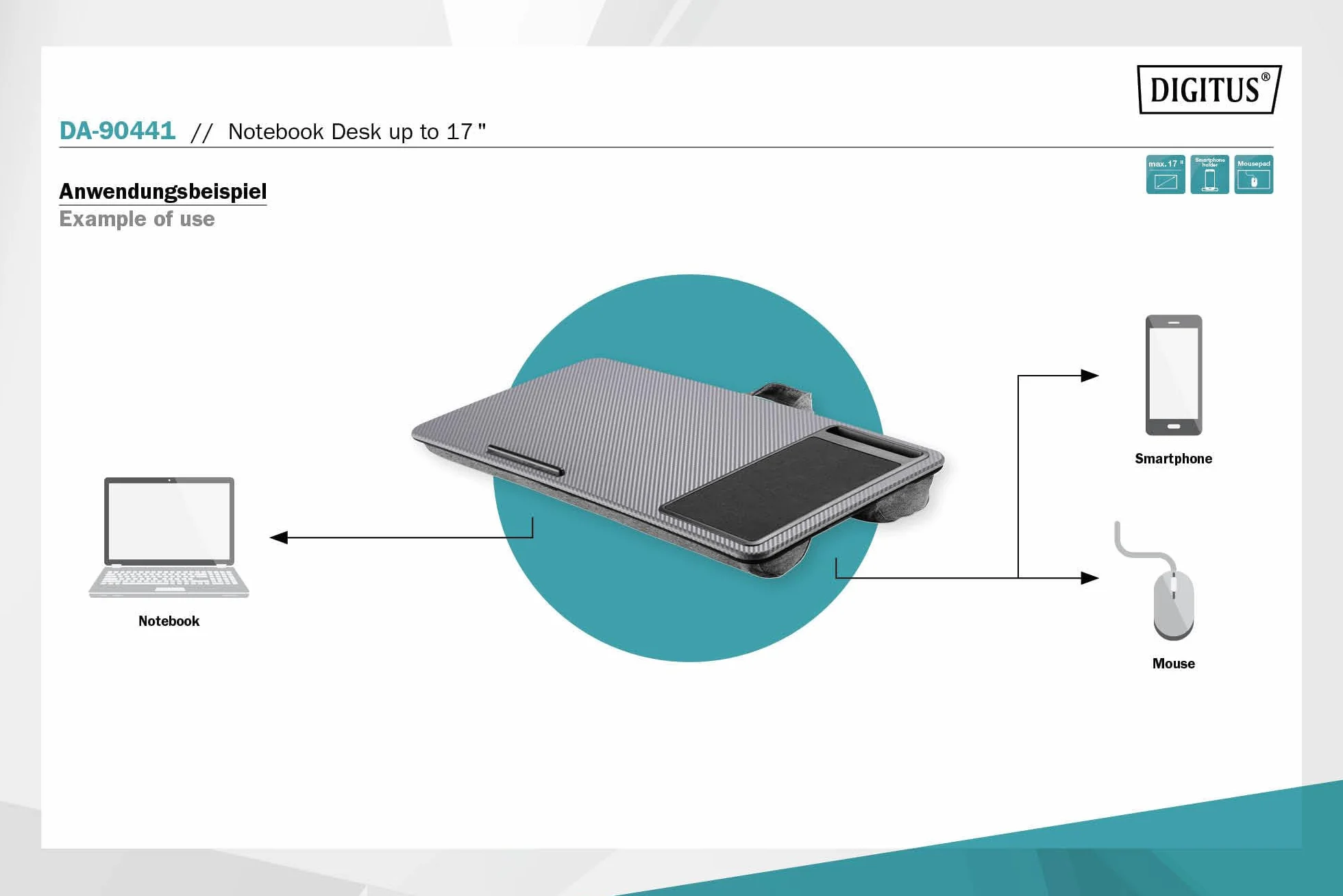 DIGITUS Poduszka pod laptopa z uchwytem na smartfona i podkładką pod mysz 17" szara