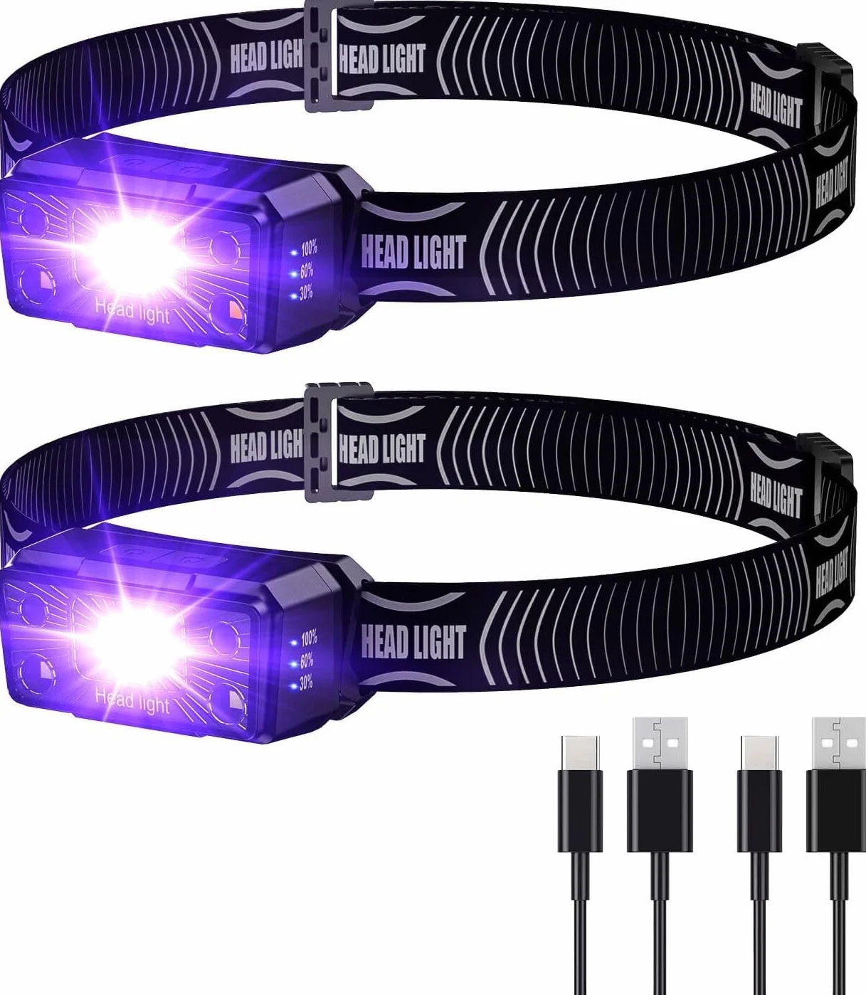 COSOOS 2 x latarka czołowa LED, ładowana przez USB, z czarnym światłem, wodoszczelna, lekka, dla dzieci, na zewnątrz, do biegania, joggingu, spaceru z psem, pluskwami i skorpionami