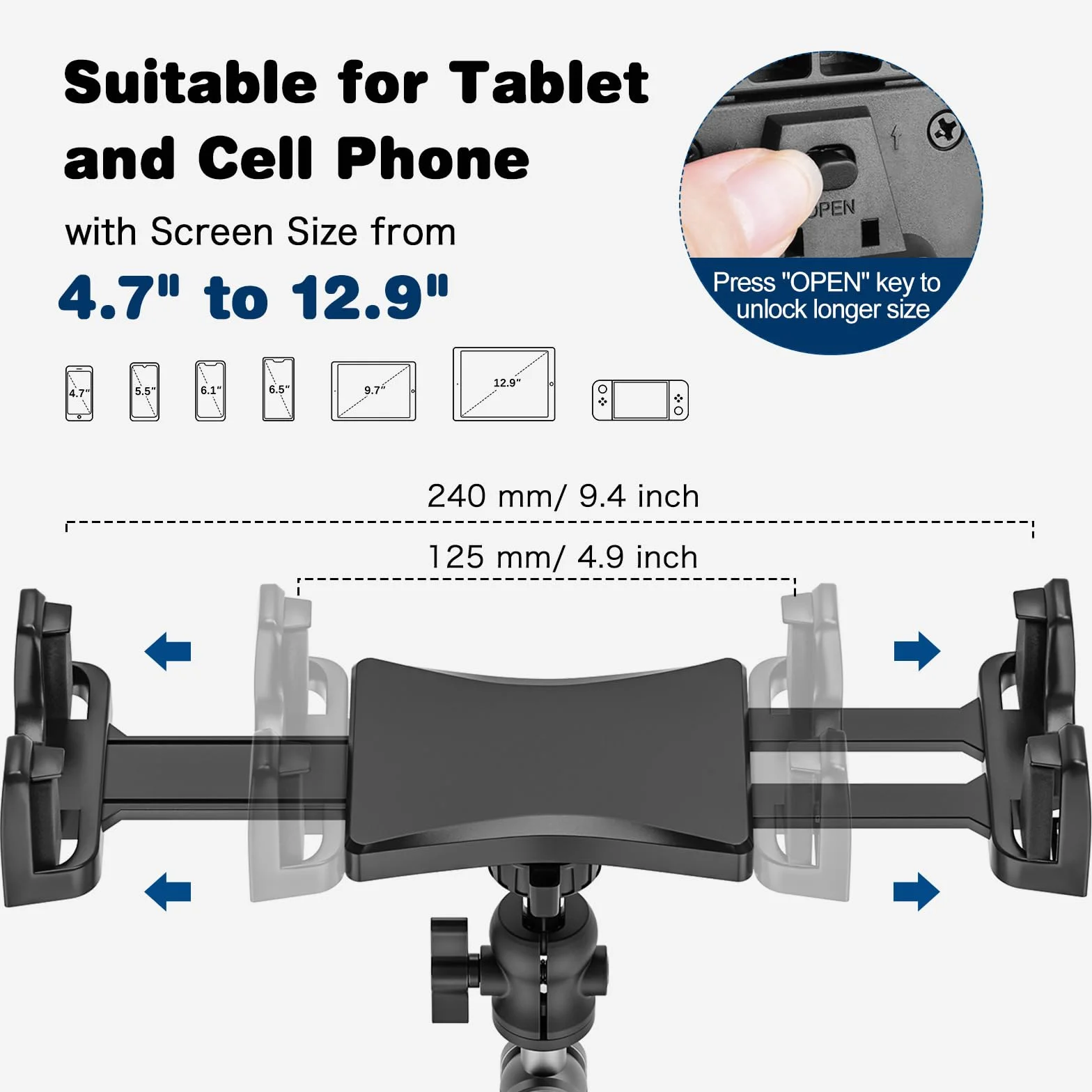 Uchwyt samochodowy na tablet, Heavy Duty Drill Base Tablet, nadaje się do samochodów ciężarowych, ścian i stołów, kompatybilny z tabletami i smartfonami od 4,7 do 12,9 cala